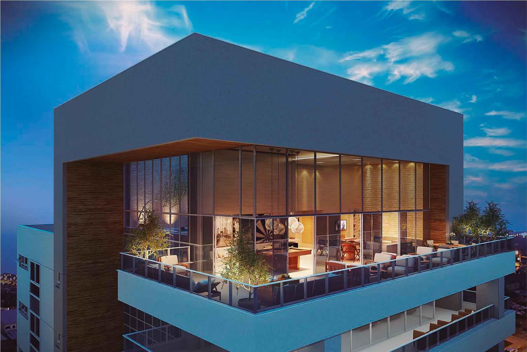 Perspectiva 3D da cobertura com varanda envidraçada, deck e lounge no rooftop