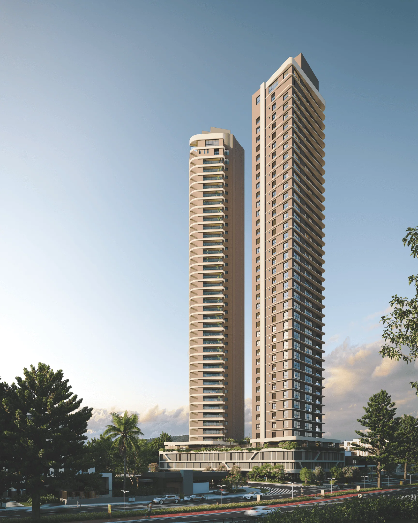 Perspectiva frontal completa das duas torres residenciais contemporâneas