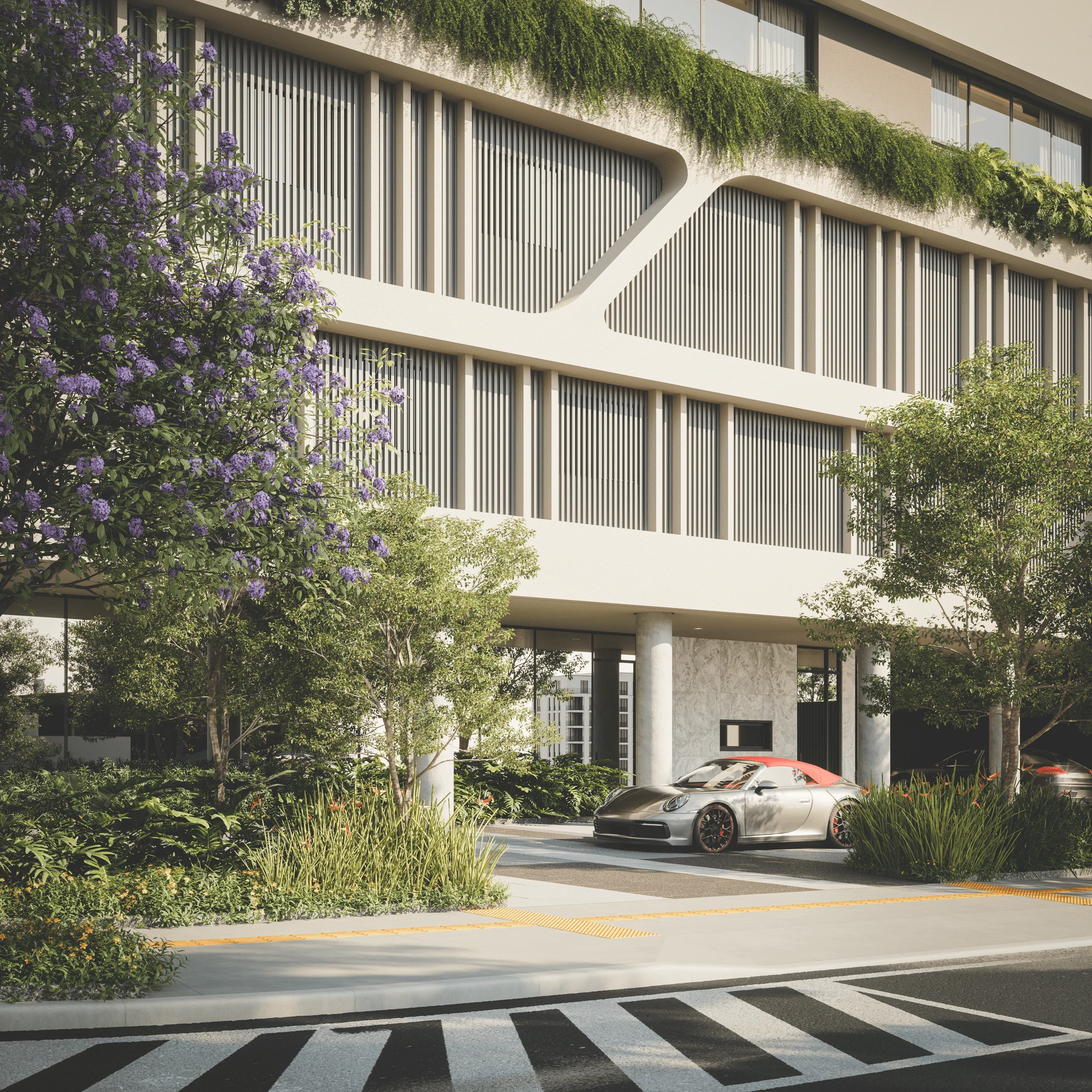 Porte-cochère e acesso social com pilares e paisagismo integrado