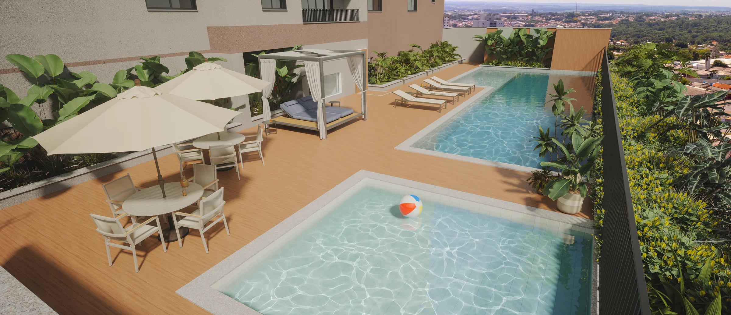 Deck da piscina com espreguiçadeiras, ombrelones, piscina adulto com raia e piscina infantil