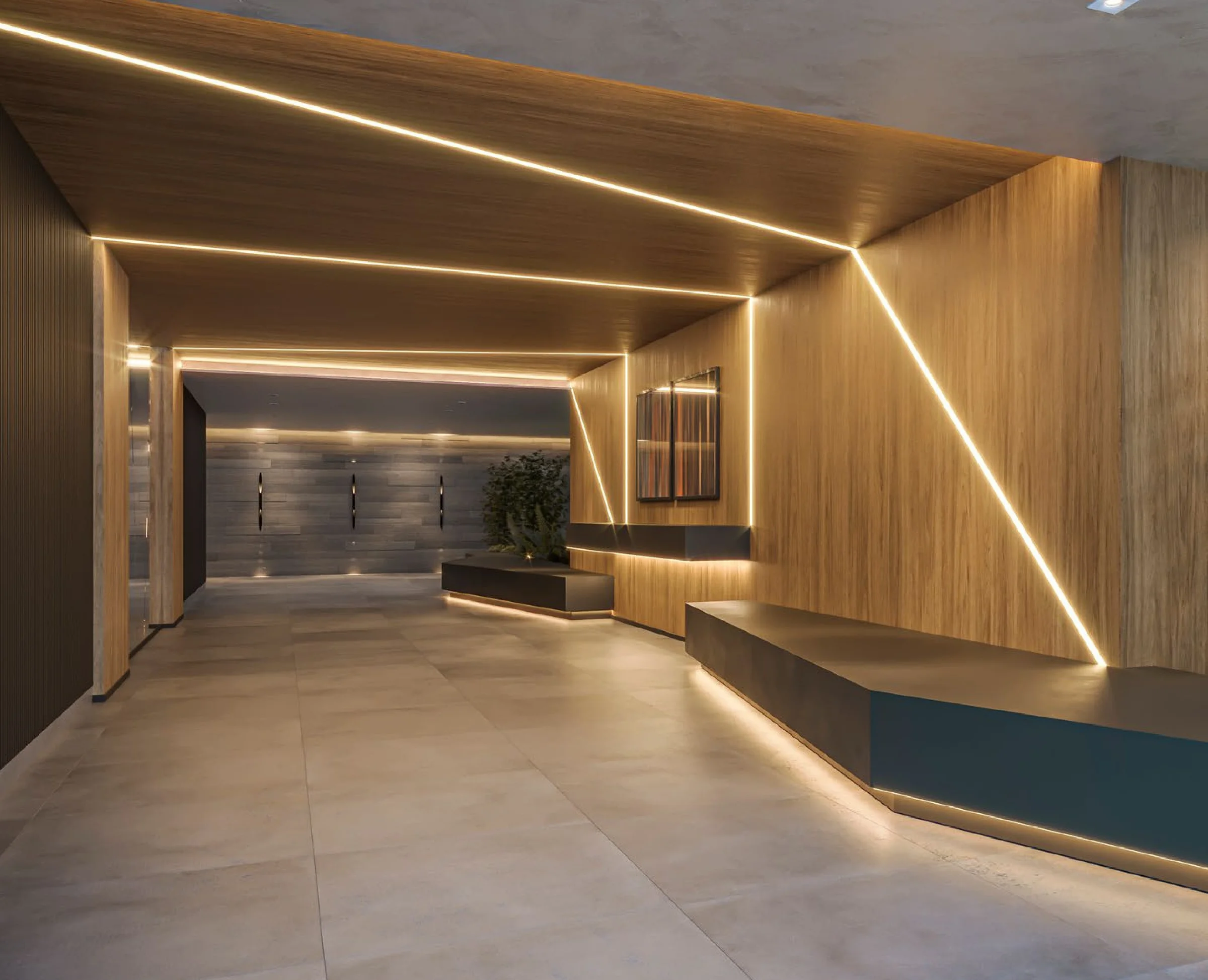 Hall de entrada com revestimento em madeira e linhas de iluminação em LED