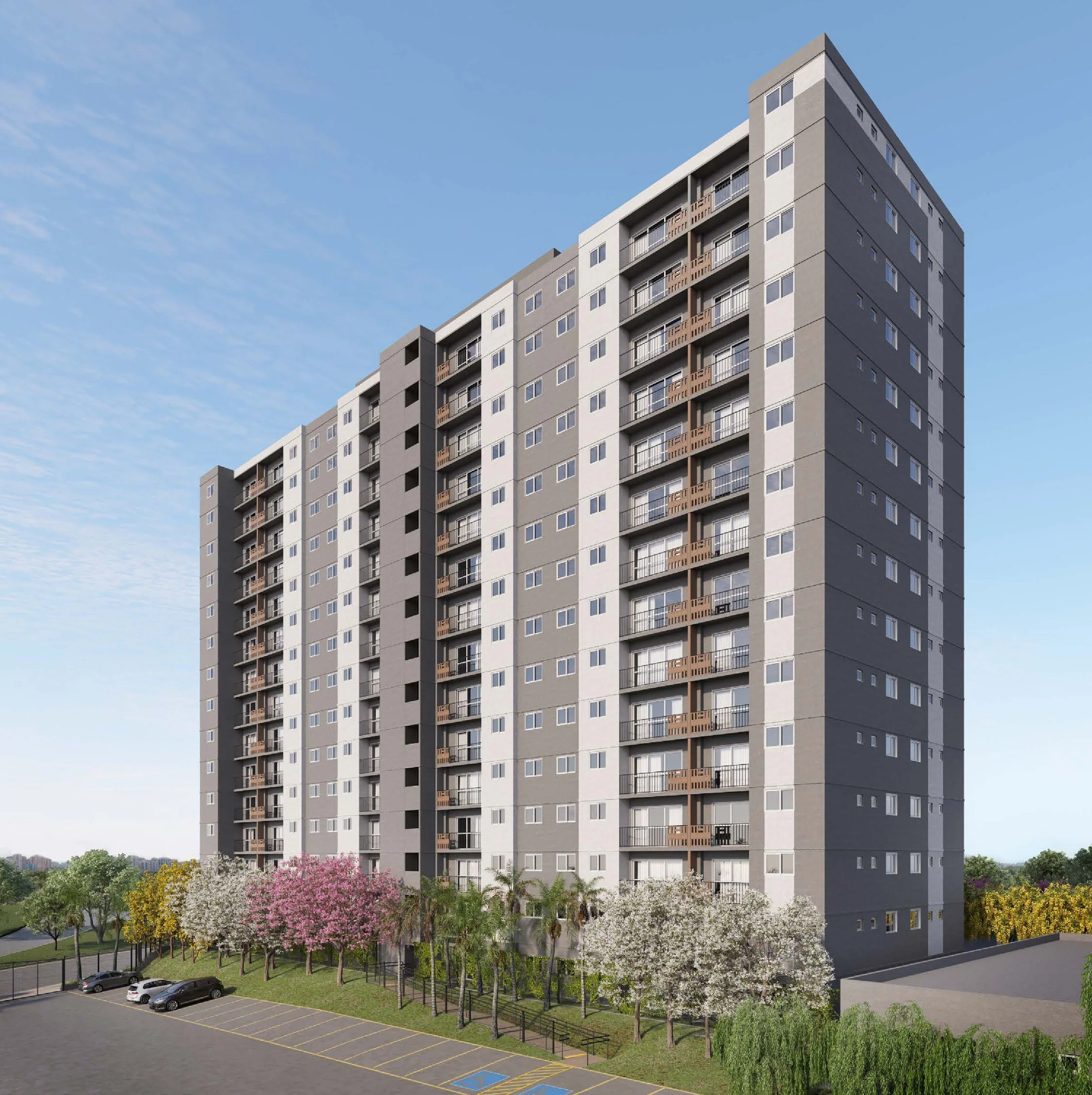 Perspectiva da fachada da torre residencial com estacionamento e paisagismo ao redor