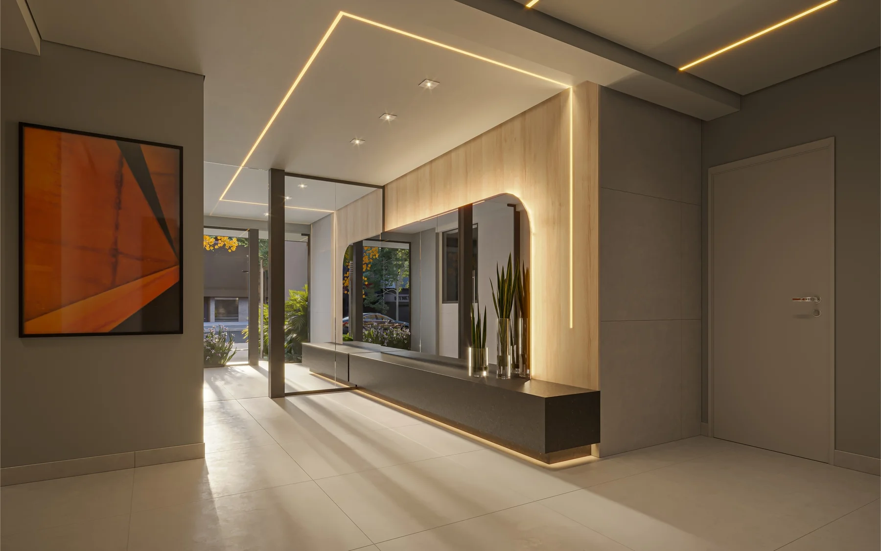 Volt C-220 - Lobby com balcão, espelho e acesso aos elevadores