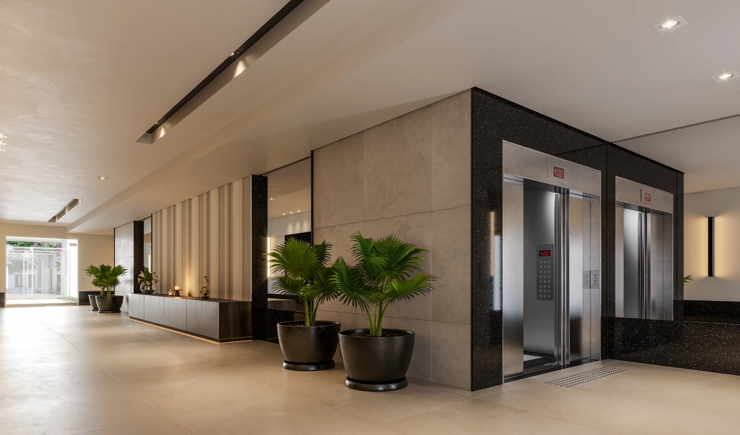 Wish 211 - Lobby interno com elevadores e vasos de plantas