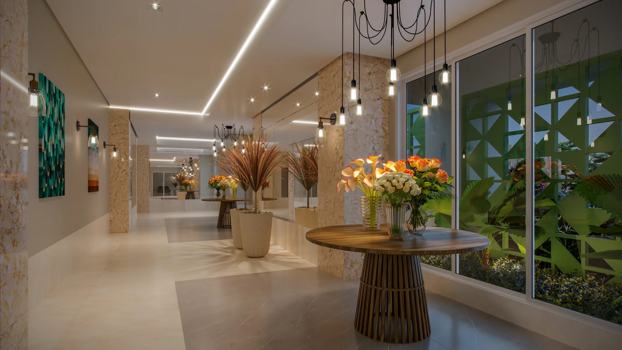 Wish Areião - Lobby interno com jardim e área de estar
