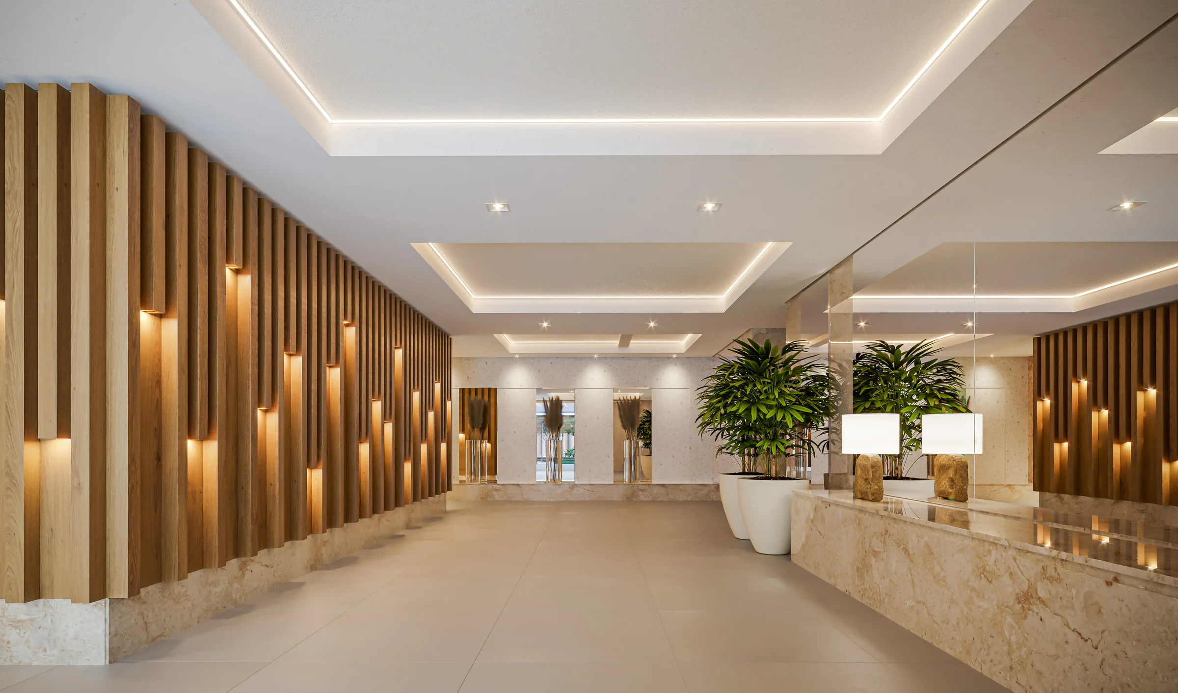 Wish Gran 29 - Lobby de entrada com recepção e painéis de madeira