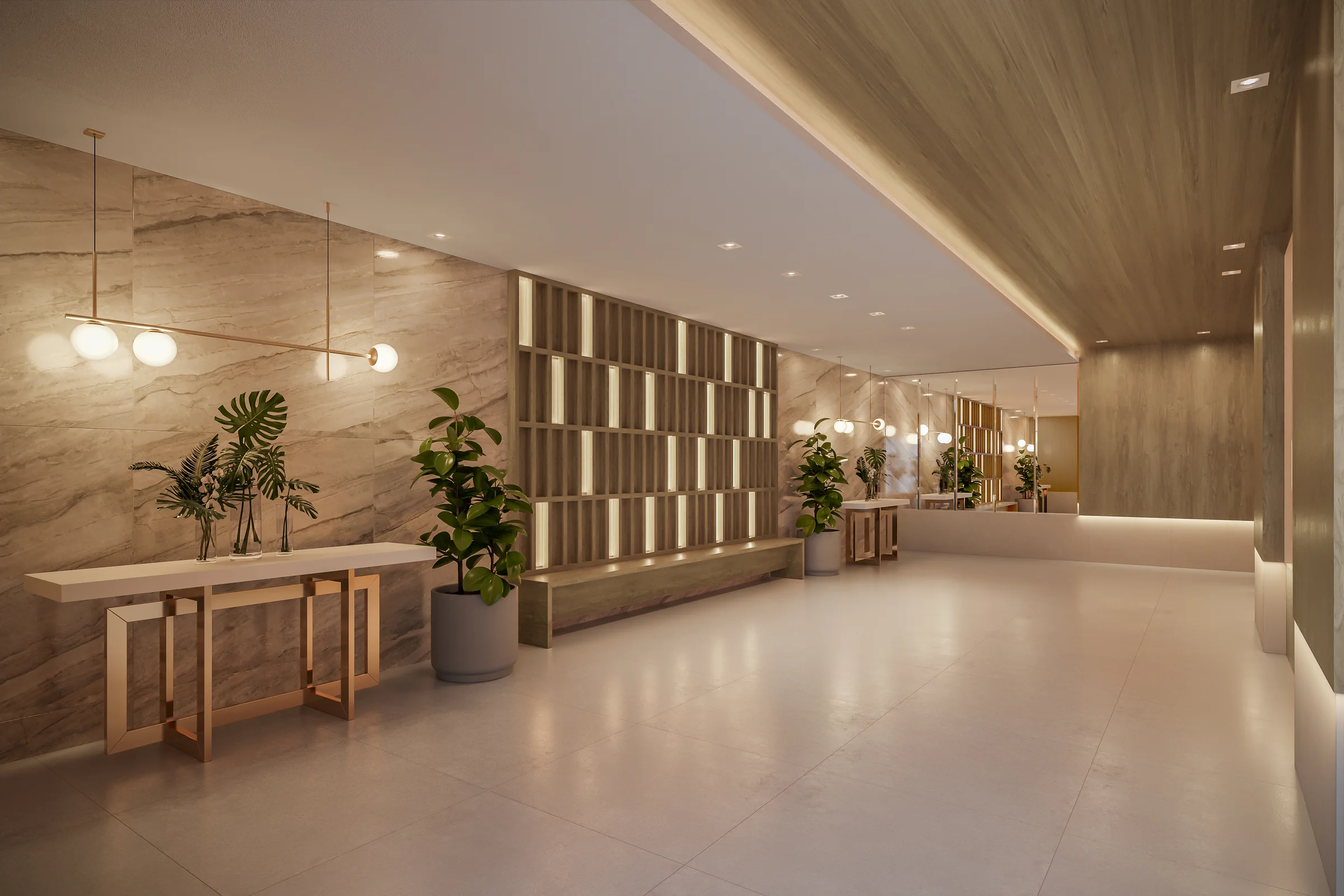 Wish Trinta e Sete - Lobby com balcão, painel decorativo e estar