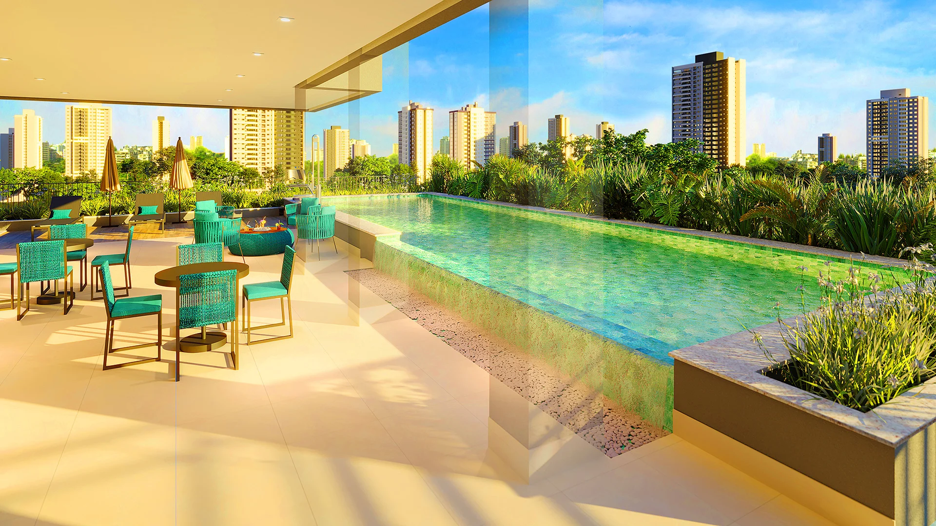 Piscina adulto com mesas e vista da cidade