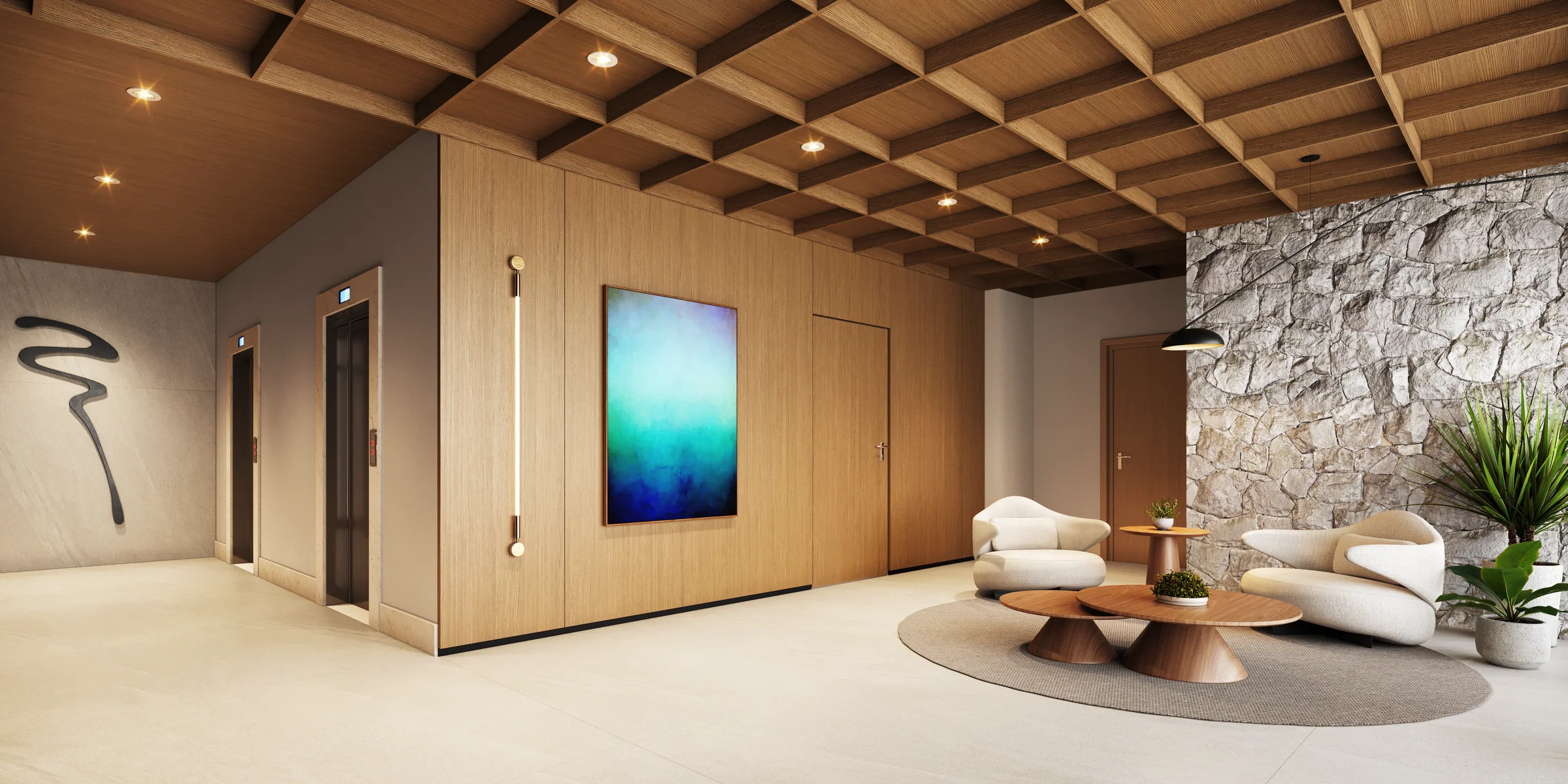 Lobby com painel de pedra, forro ripado e poltronas