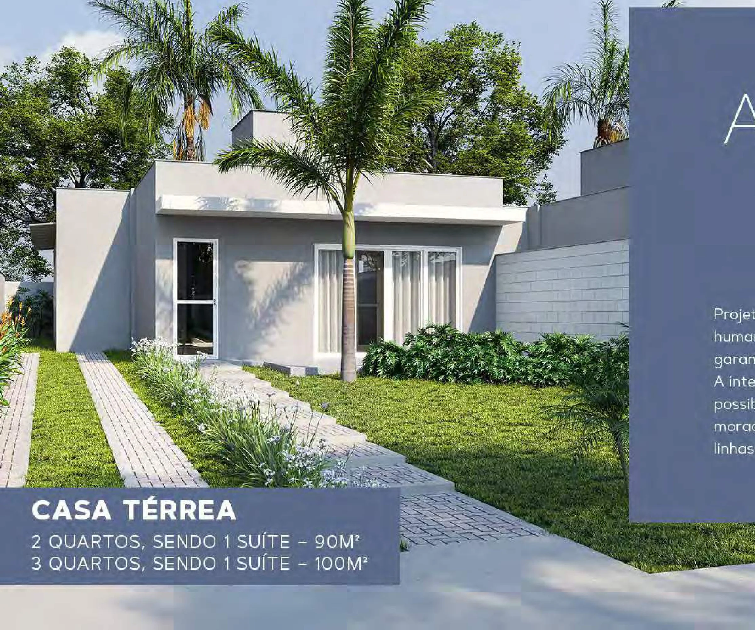 Perspectiva 3D da fachada da casa térrea com gramado e entrada de pedestres