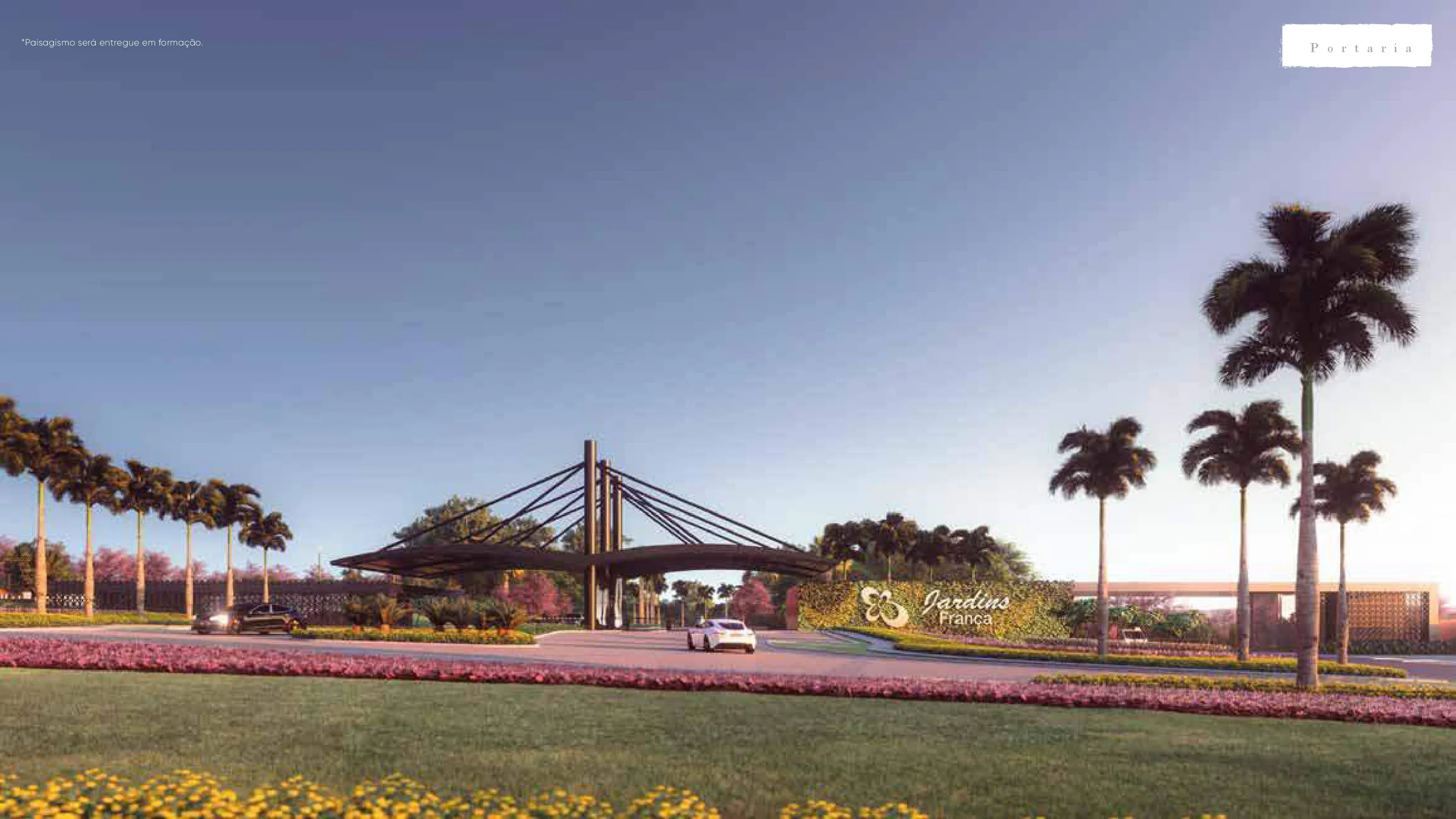 Perspectiva da portaria do condomínio Jardins França com paisagismo, canteiros floridos e palmeiras