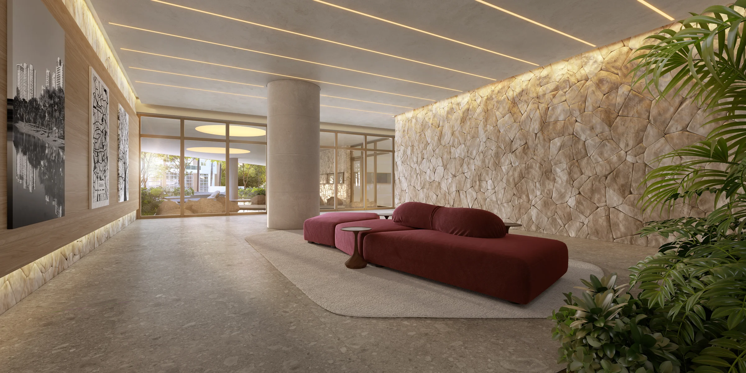 Lobby principal com recepção e área de estar