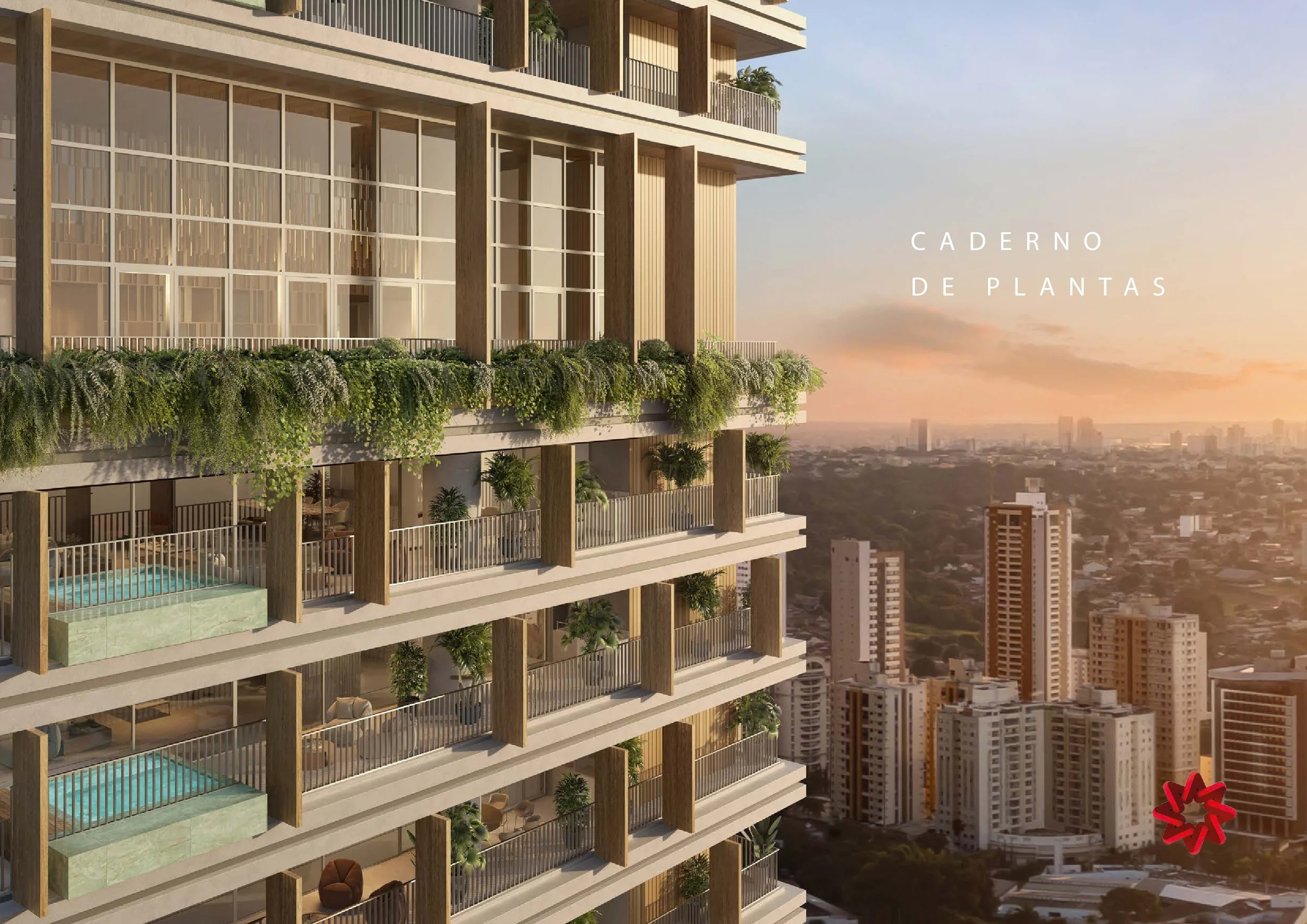 Fachada do edifício em perspectiva com varandas verdes e piscinas privativas ao entardecer
