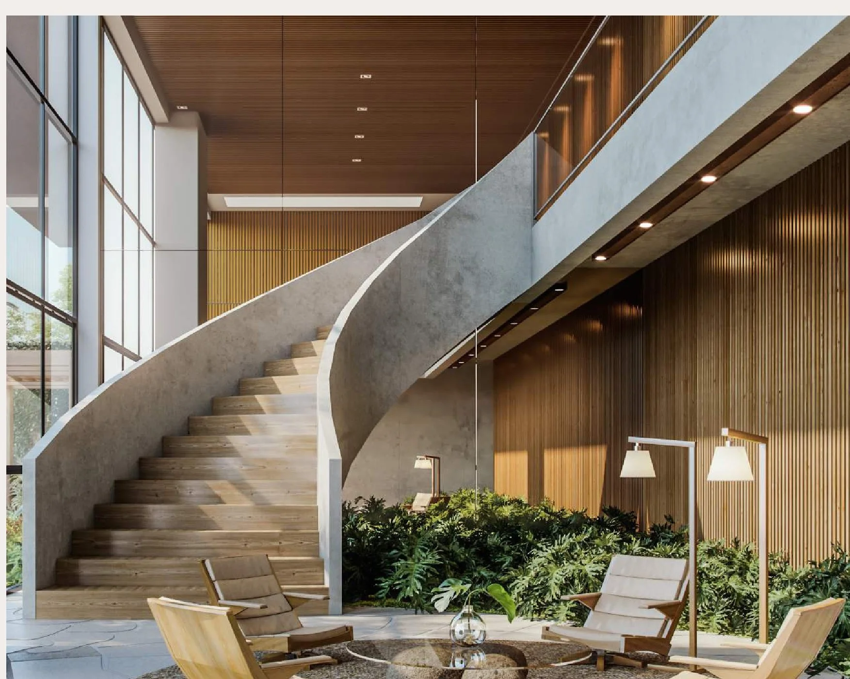 Hall de entrada com escada helicoidal de concreto, painéis ripados de madeira e lounge
