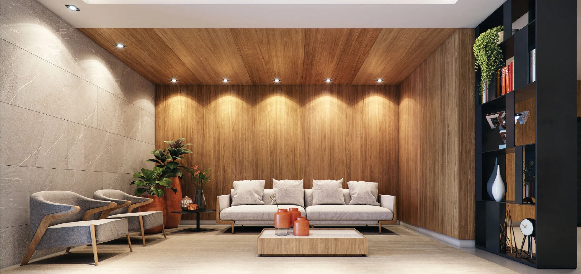 Hall de entrada e recepção com sofás, poltronas, estante divisória e painel de madeira