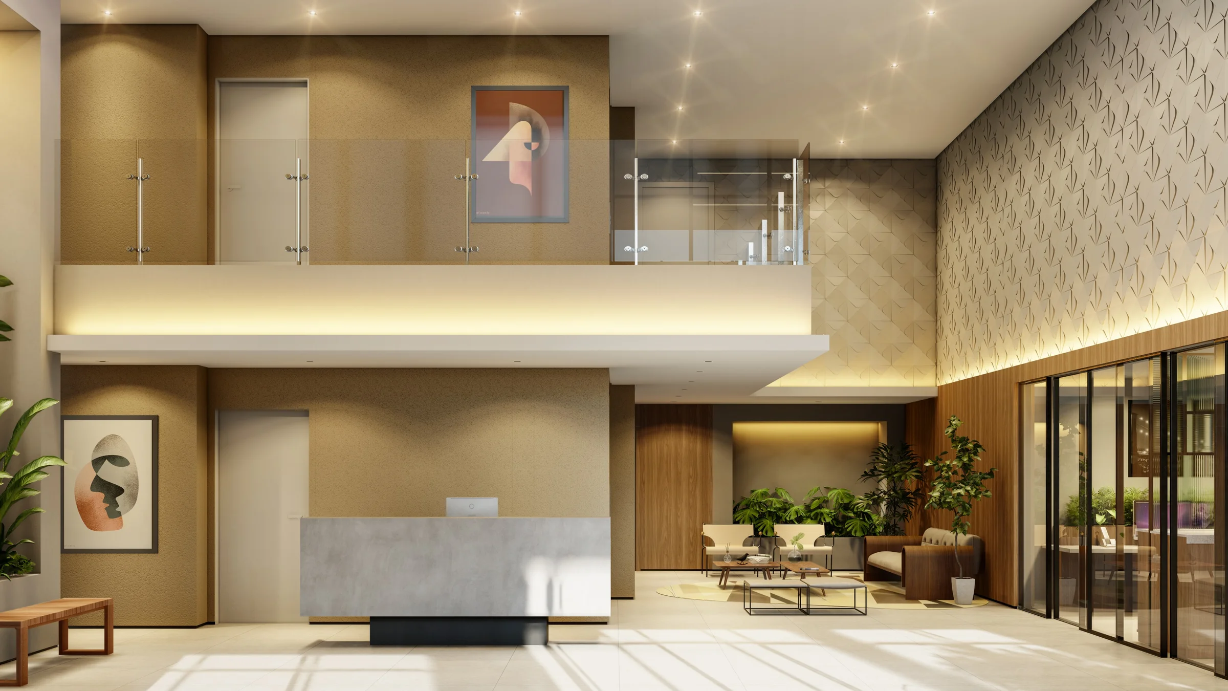 Lobby e recepção com balcão imponente em pé-direito duplo, mezanino com guarda-corpo de vidro e sala de espera