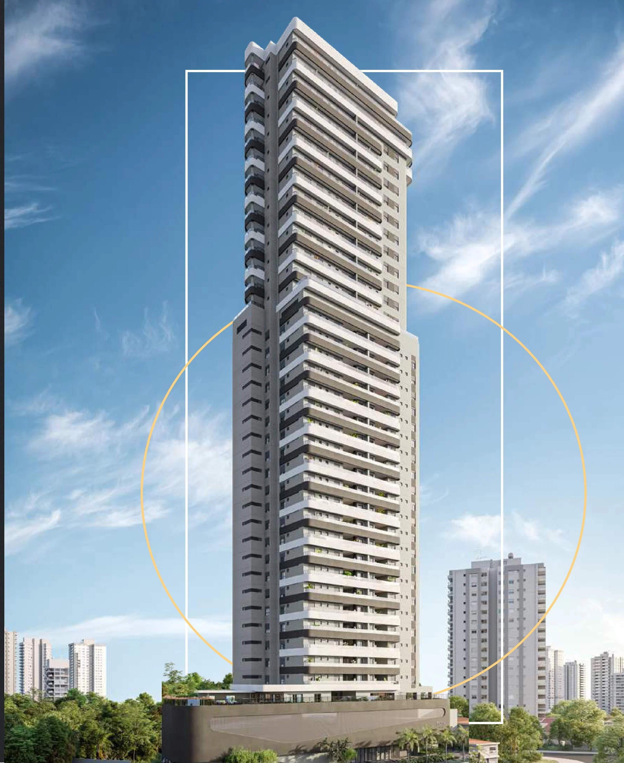 Perspectiva em ângulo da torre residencial com terraços curvilíneos e base com paisagismo