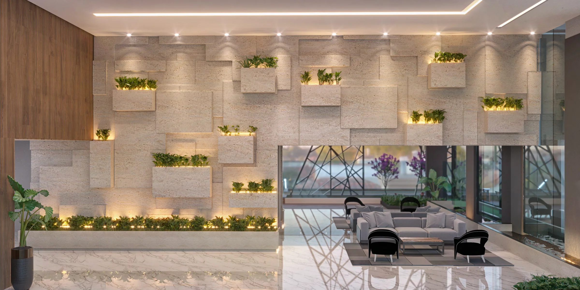Lobby de entrada com parede em pedra esculpida, jardineiras e área de estar