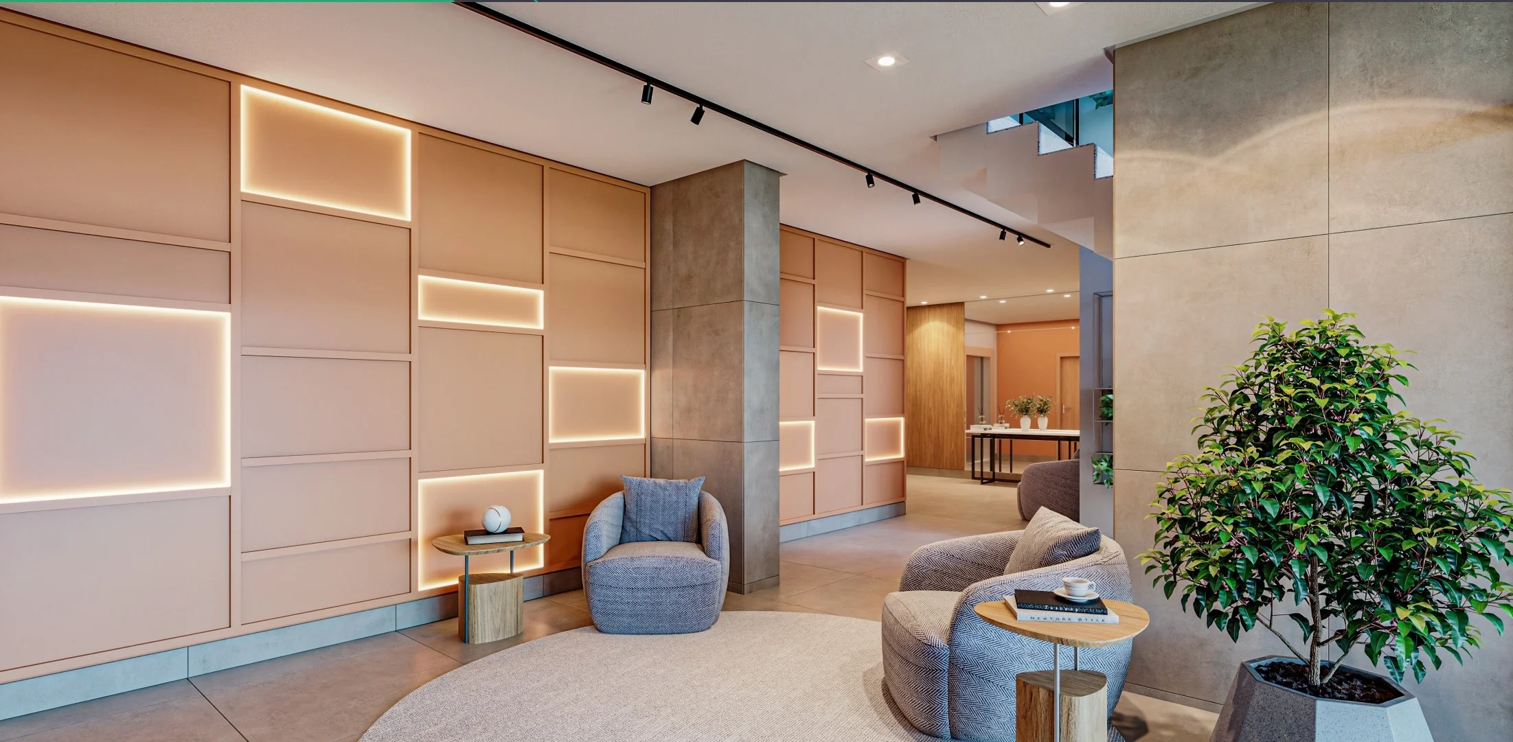 Hall de entrada e lobby social com poltronas e painel decorativo iluminado