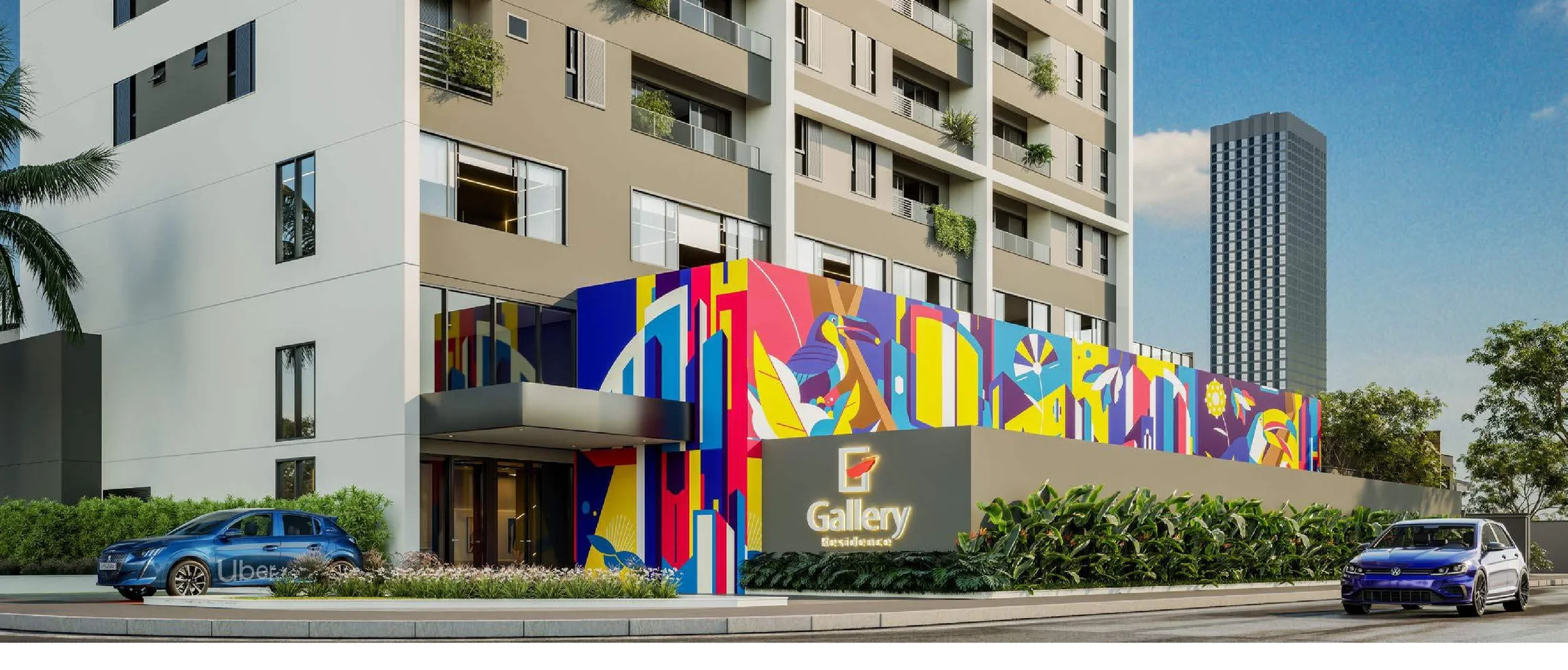 Acesso de pedestres e entrada do condomínio com mural colorido e totem de identificação