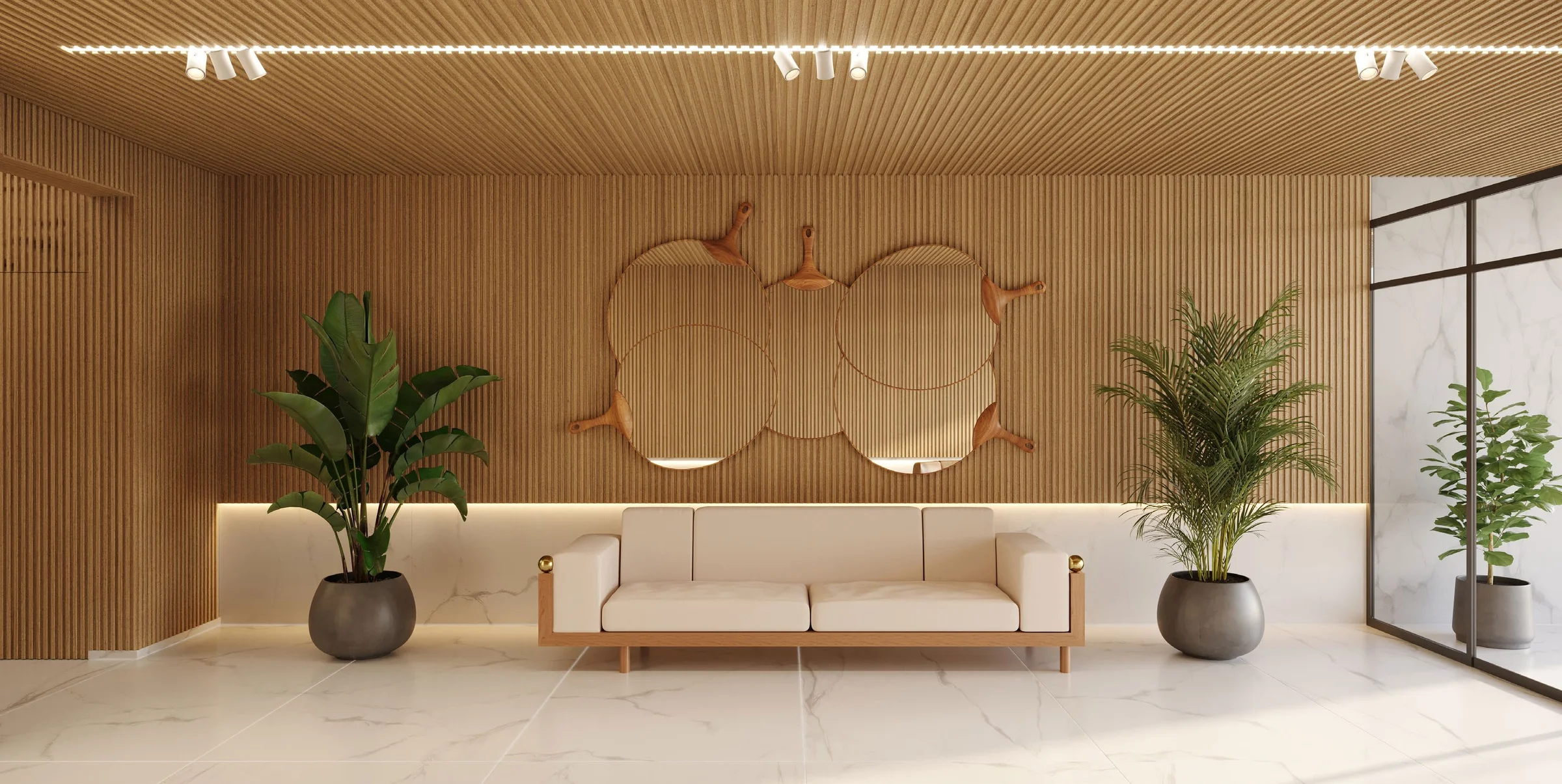 Opus Geo Home 136 - hall social com sofás e painel de madeira