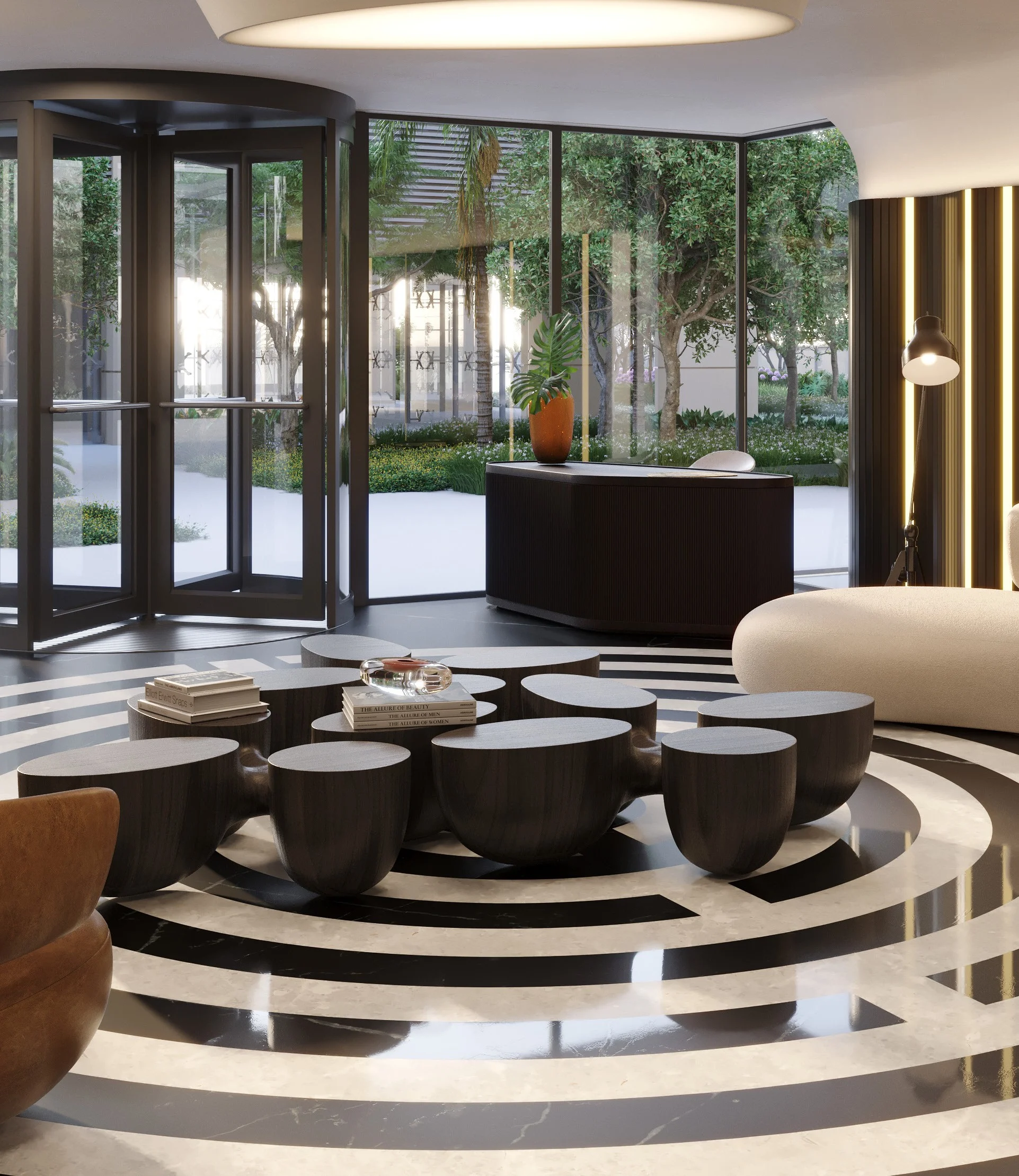 Opus Gyro Cidade Opus - hall com piso circular e poltronas
