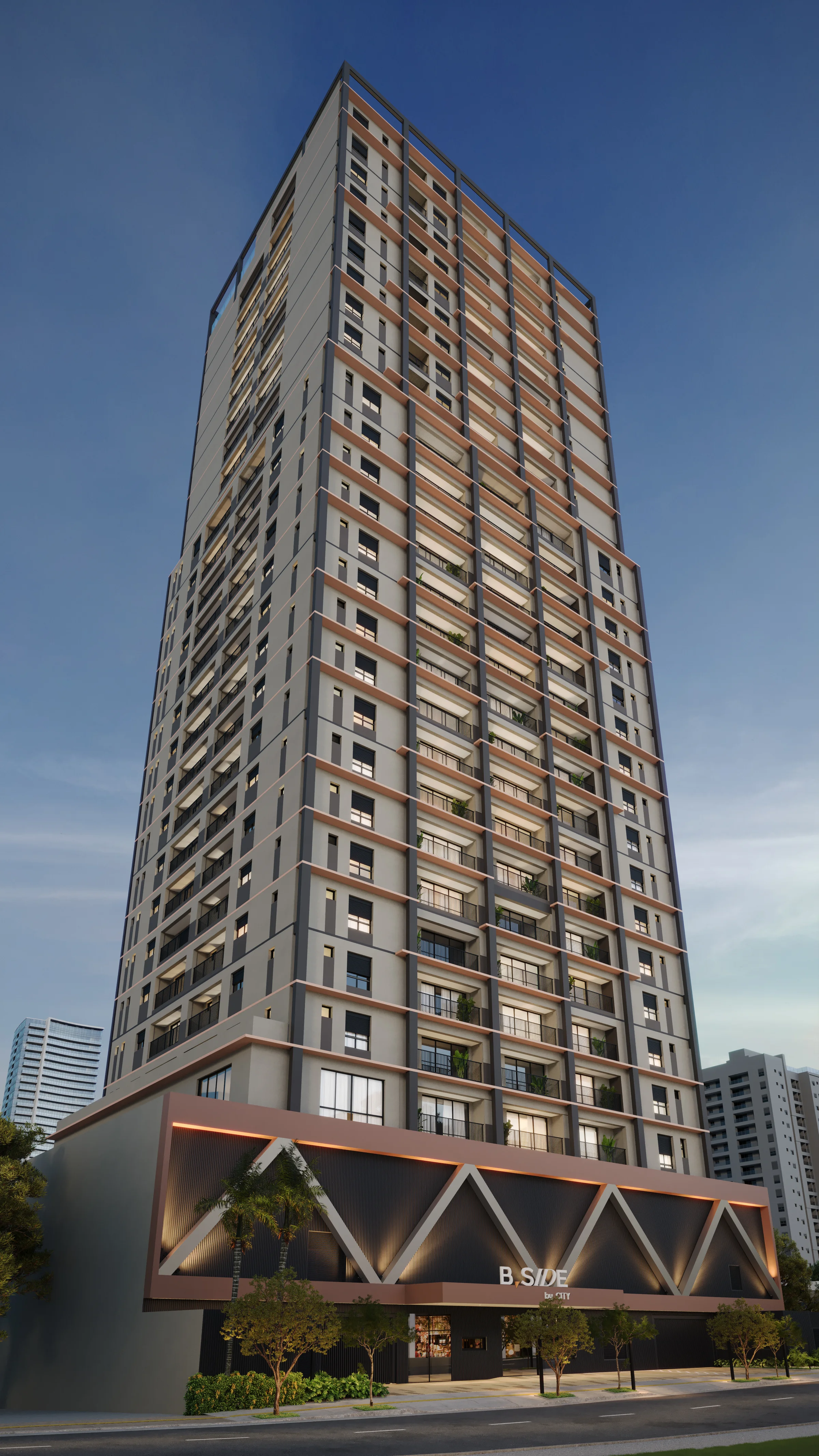 Perspectiva da fachada completa do edifício com iluminação ao entardecer