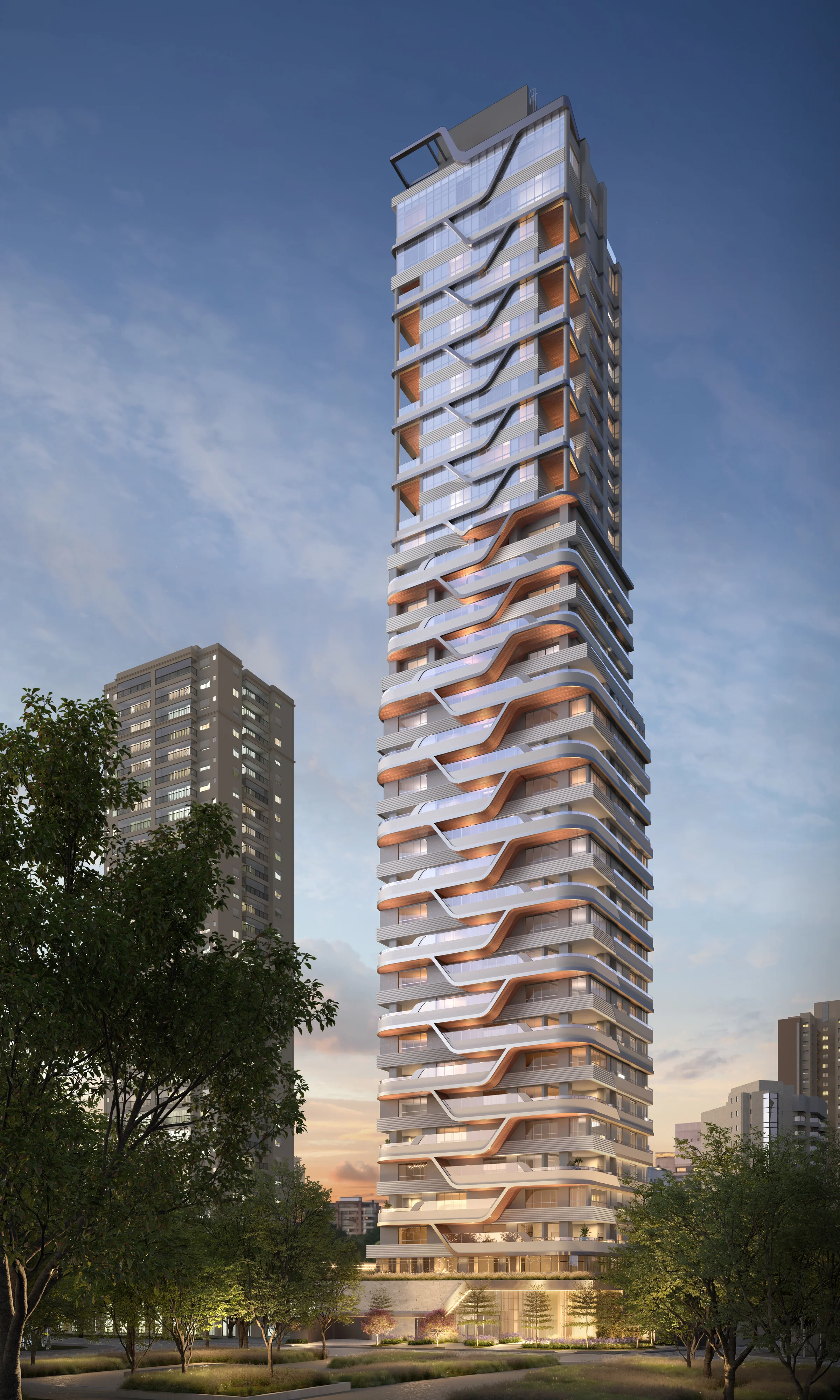 Fachada completa do edifício residencial com curvas orgânicas ao entardecer