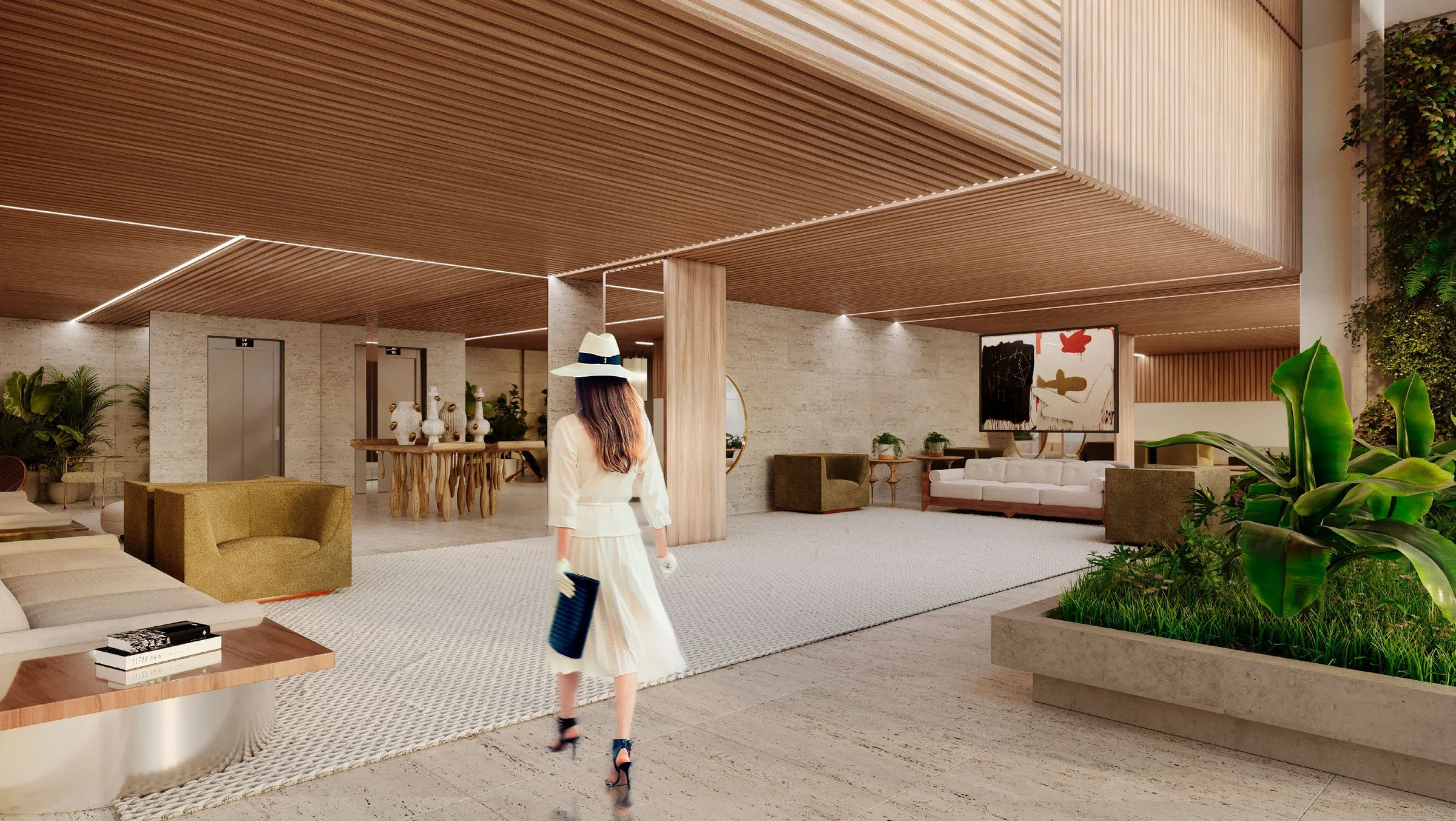 Penthouses 146 - hall social com teto amadeirado e vegetacao