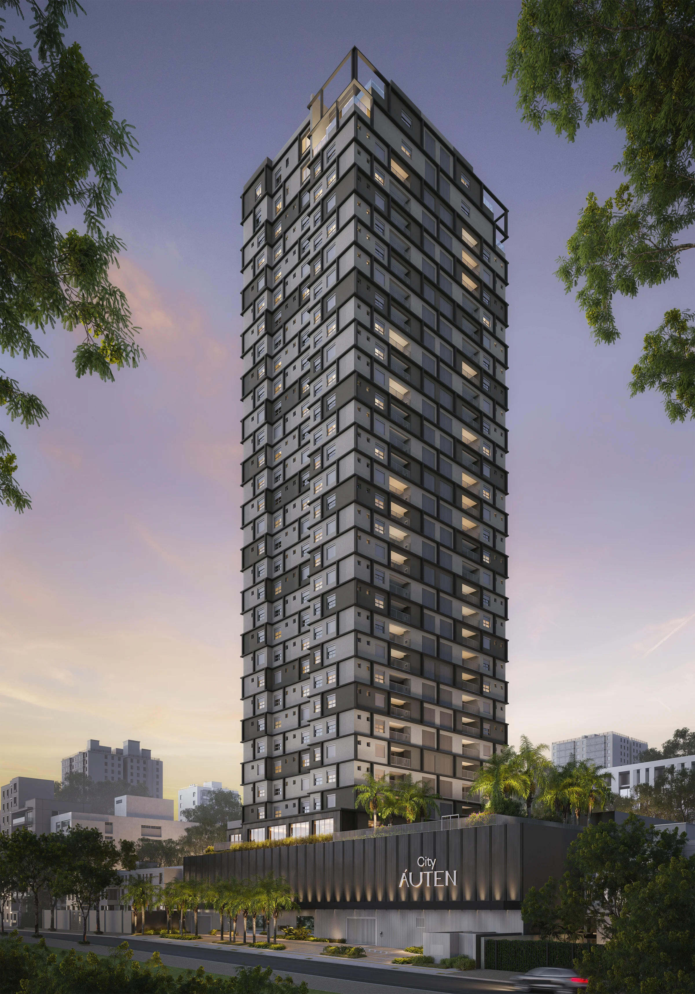 Perspectiva em ângulo da torre inteira com embasamento e paisagismo ao entardecer