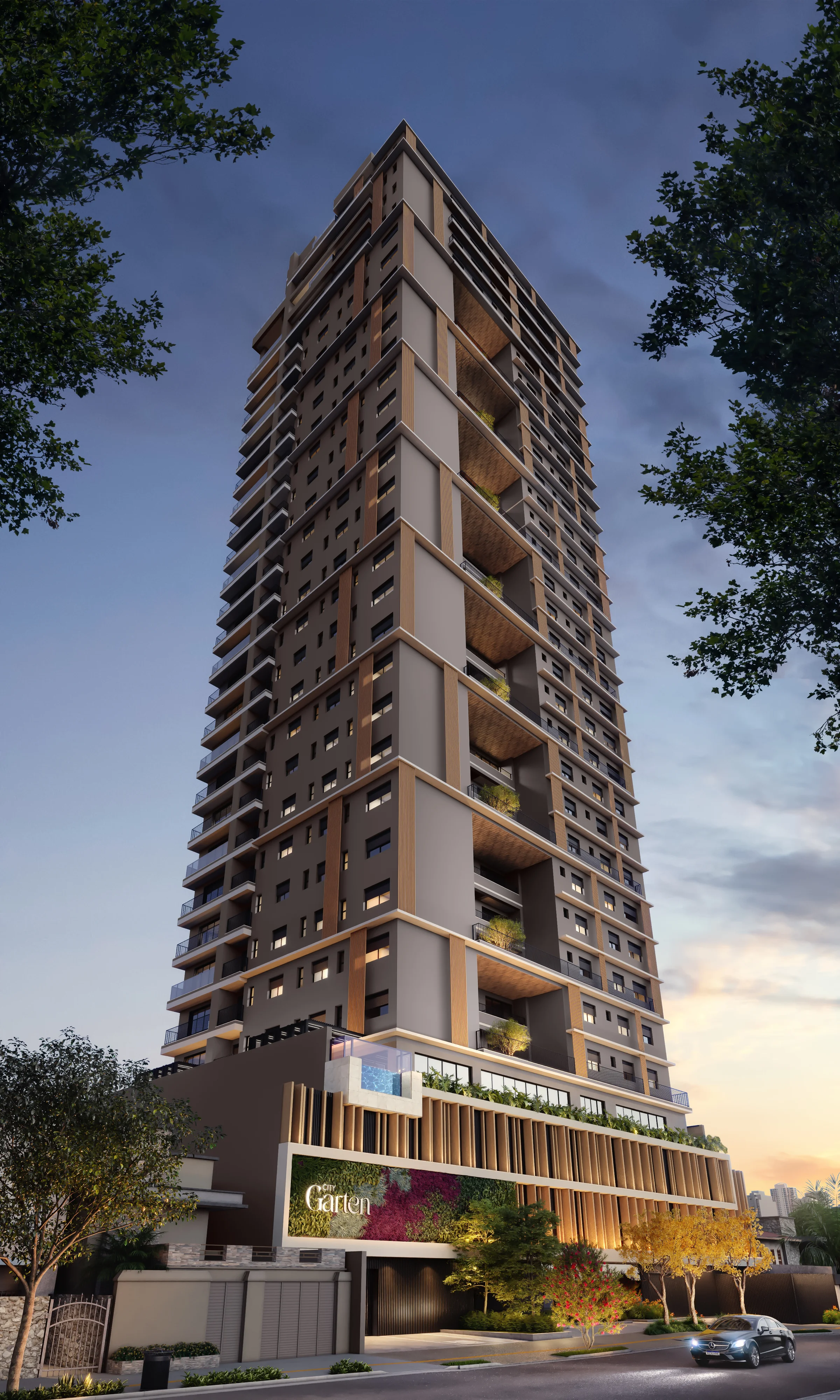 Perspectiva da fachada frontal da torre residencial com detalhes amadeirados e paisagismo no térreo ao entardecer