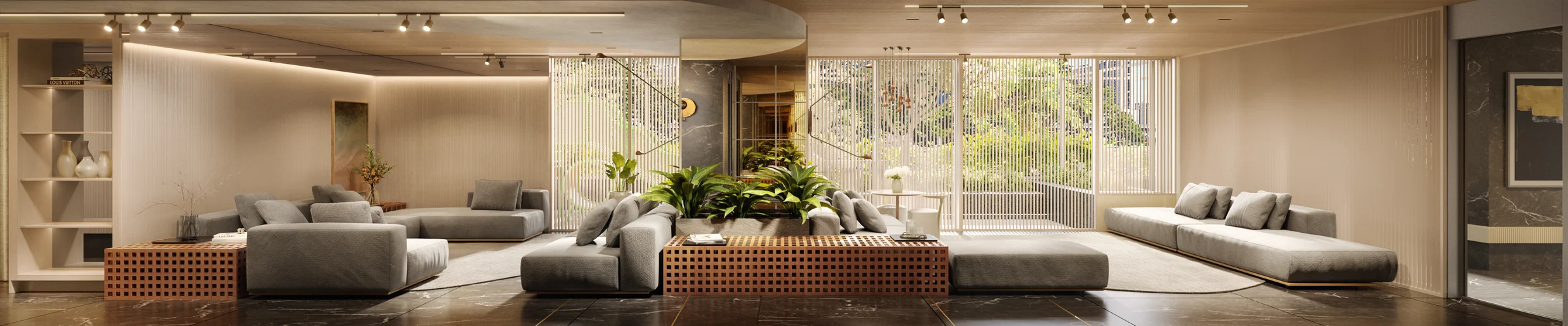 Lobby social amplo com sofás modulares, marcenaria planejada e iluminação indireta