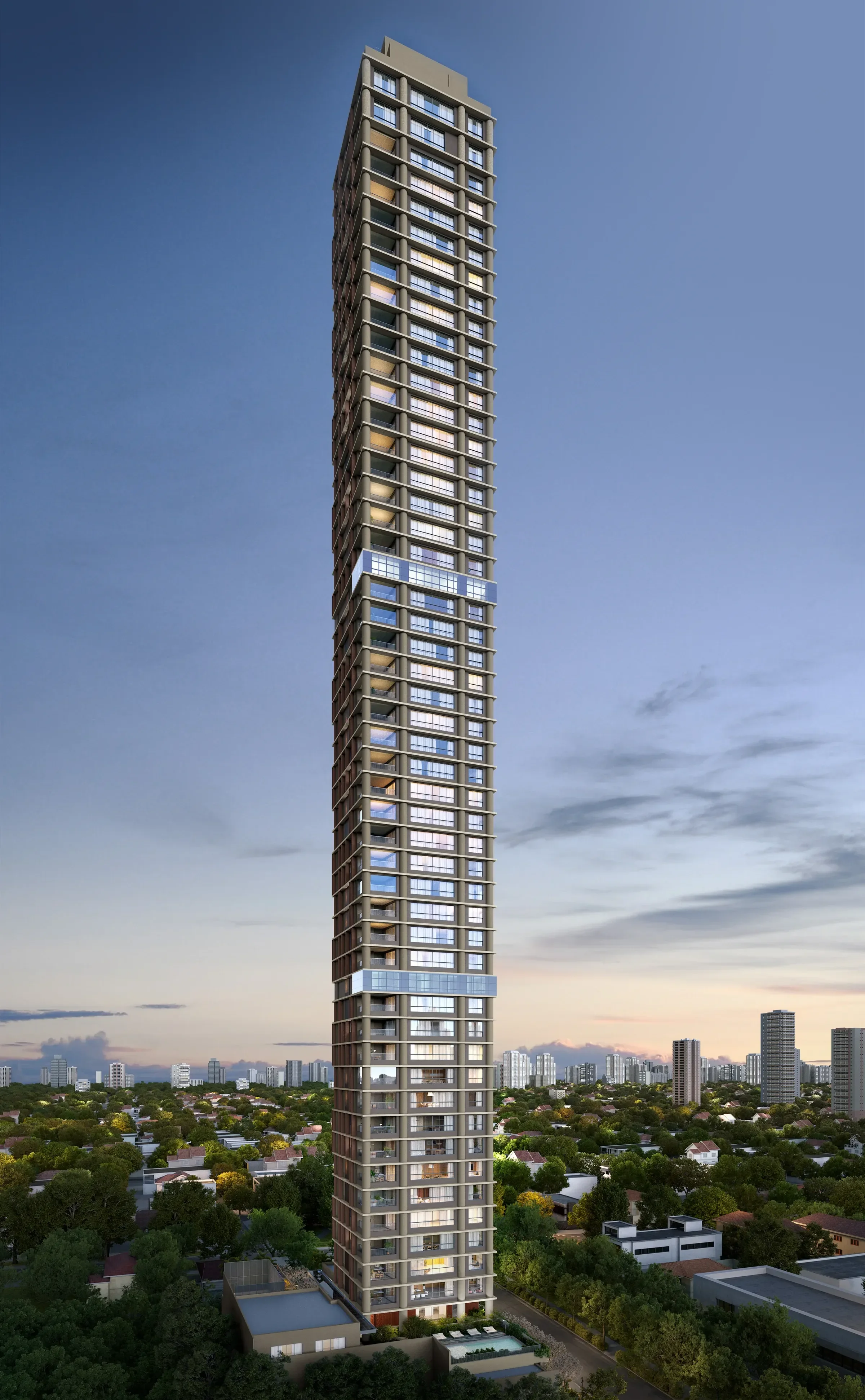 Fachada completa da torre residencial em ângulo diagonal ao entardecer