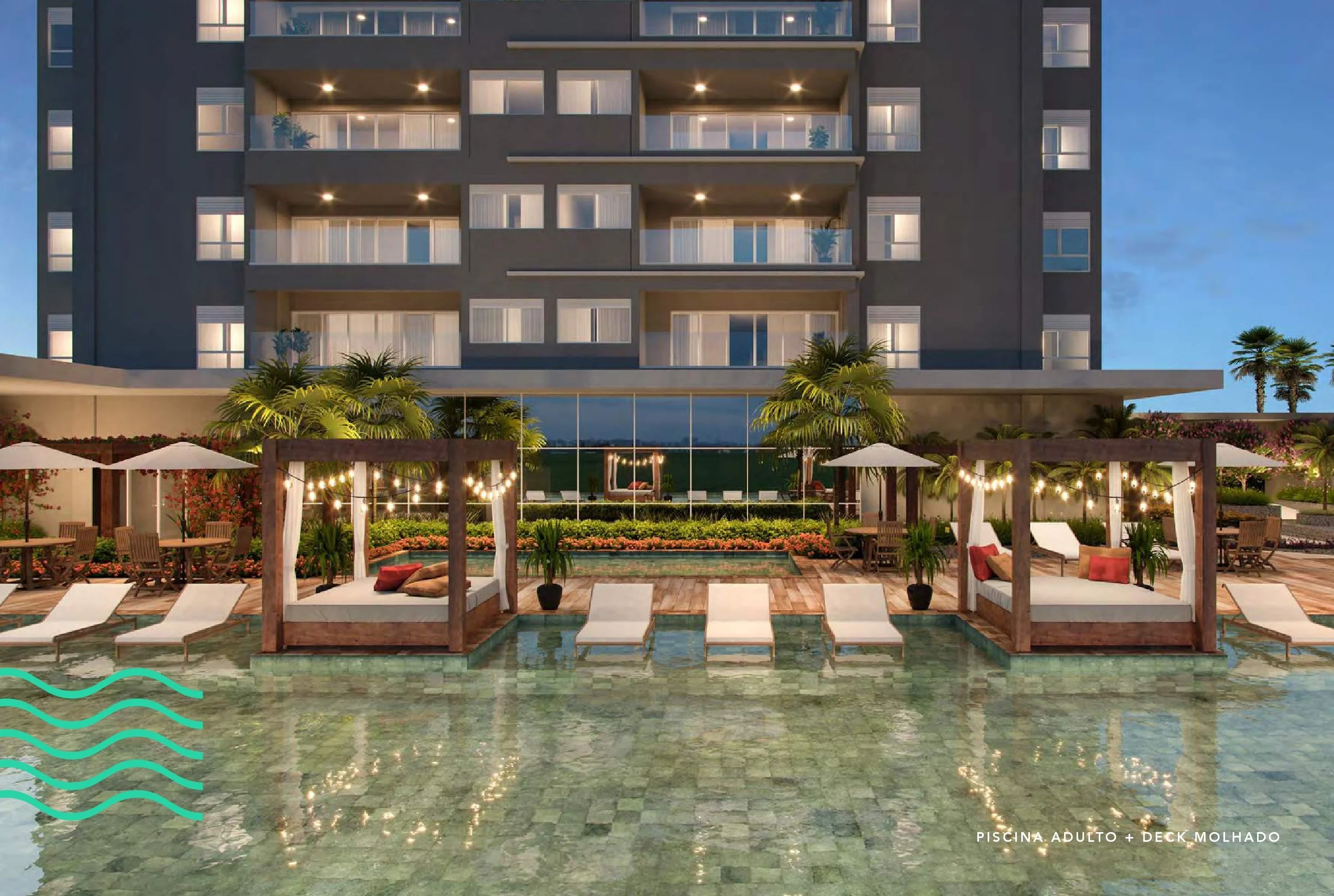 Piscina adulto com deck molhado, espreguiçadeiras e gazebos iluminados