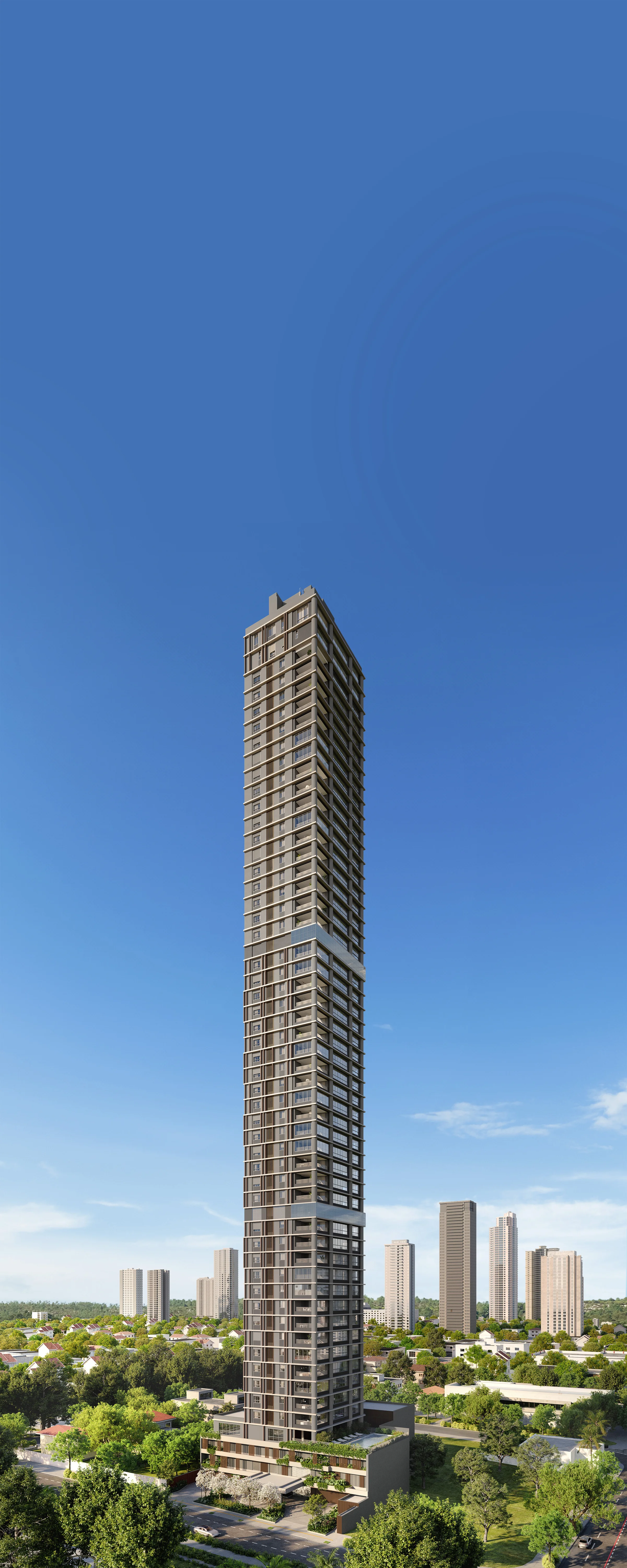 Perspectiva da fachada completa da torre residencial em ângulo diagonal