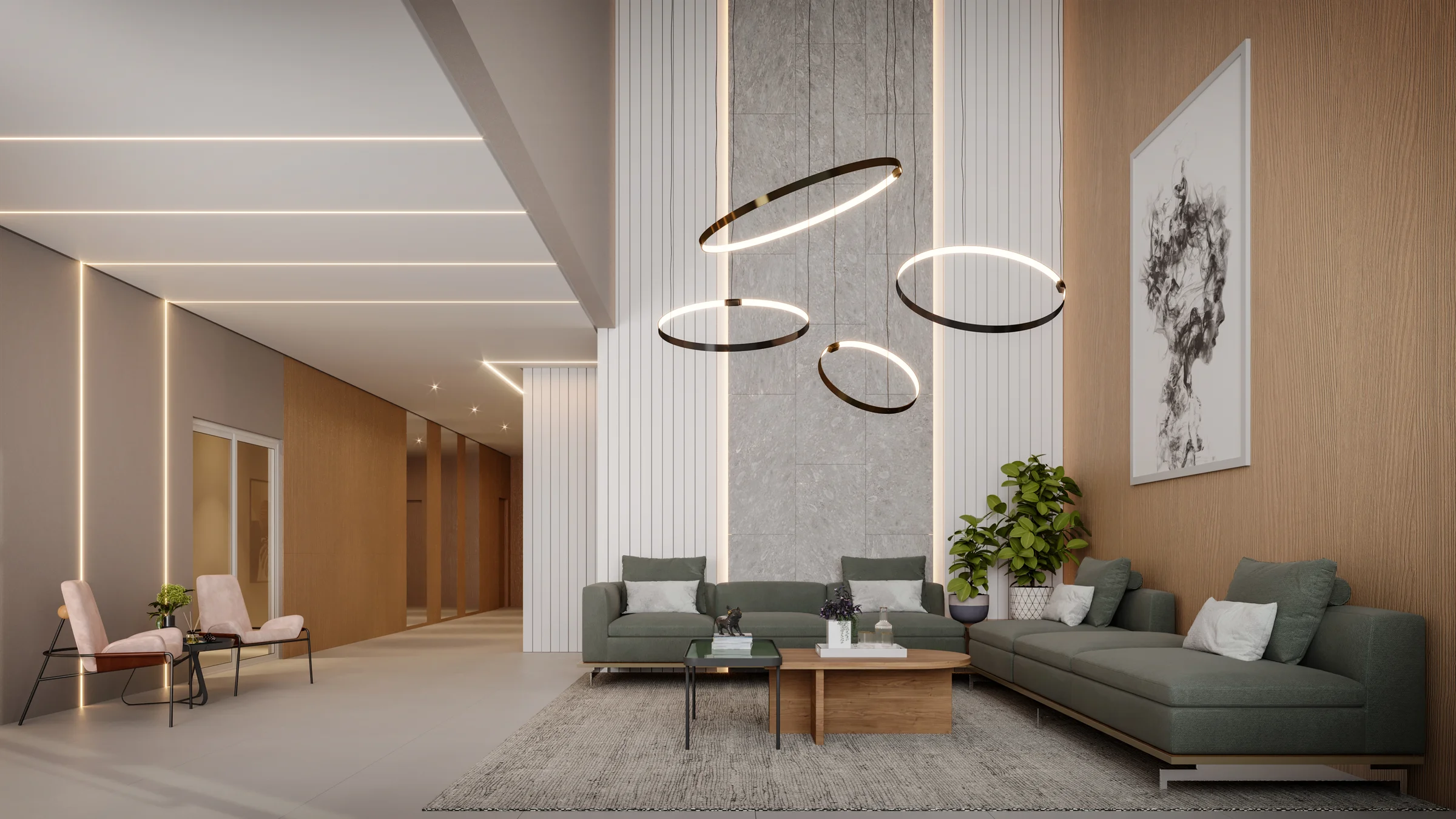 Perspectiva do lobby com área de estar