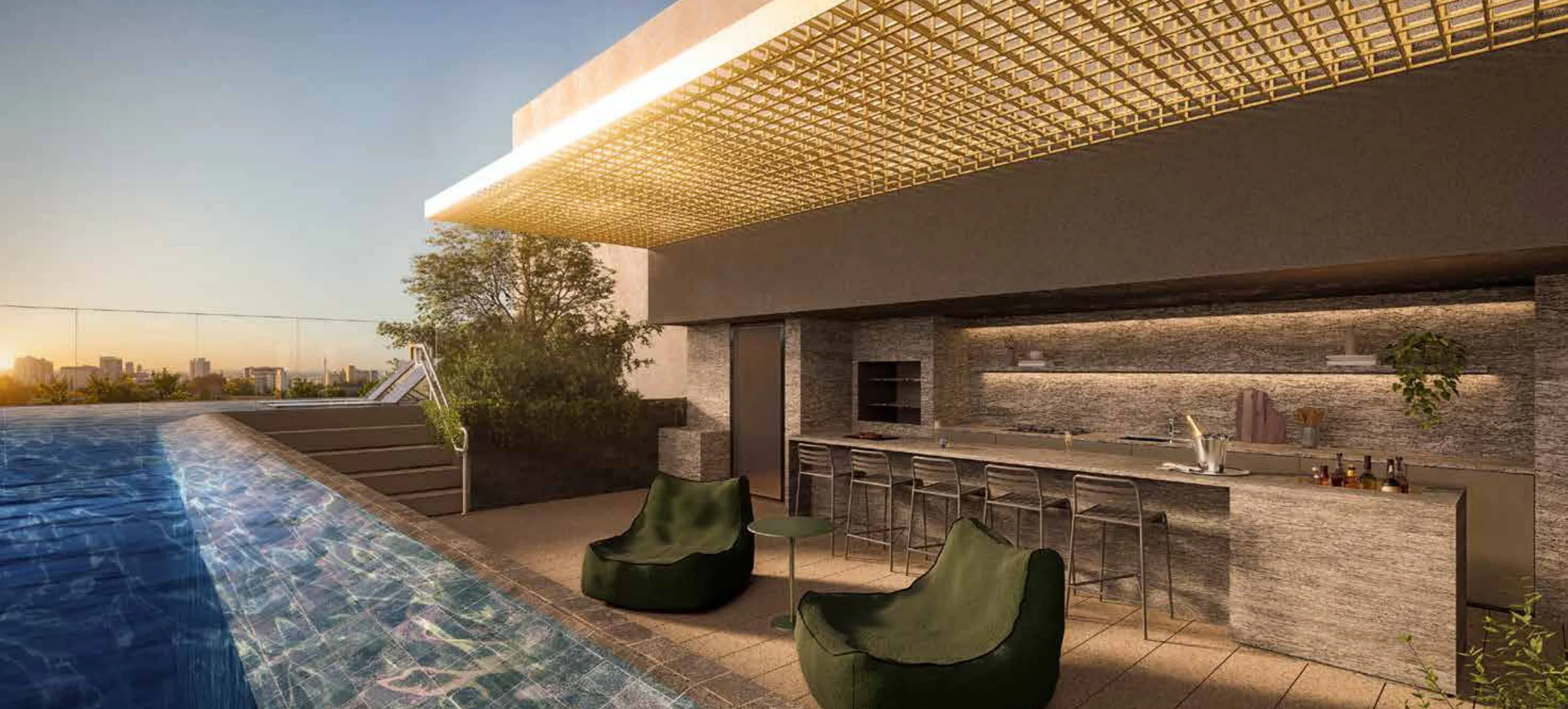 Perspectiva do Sky Grill e da piscina do rooftop