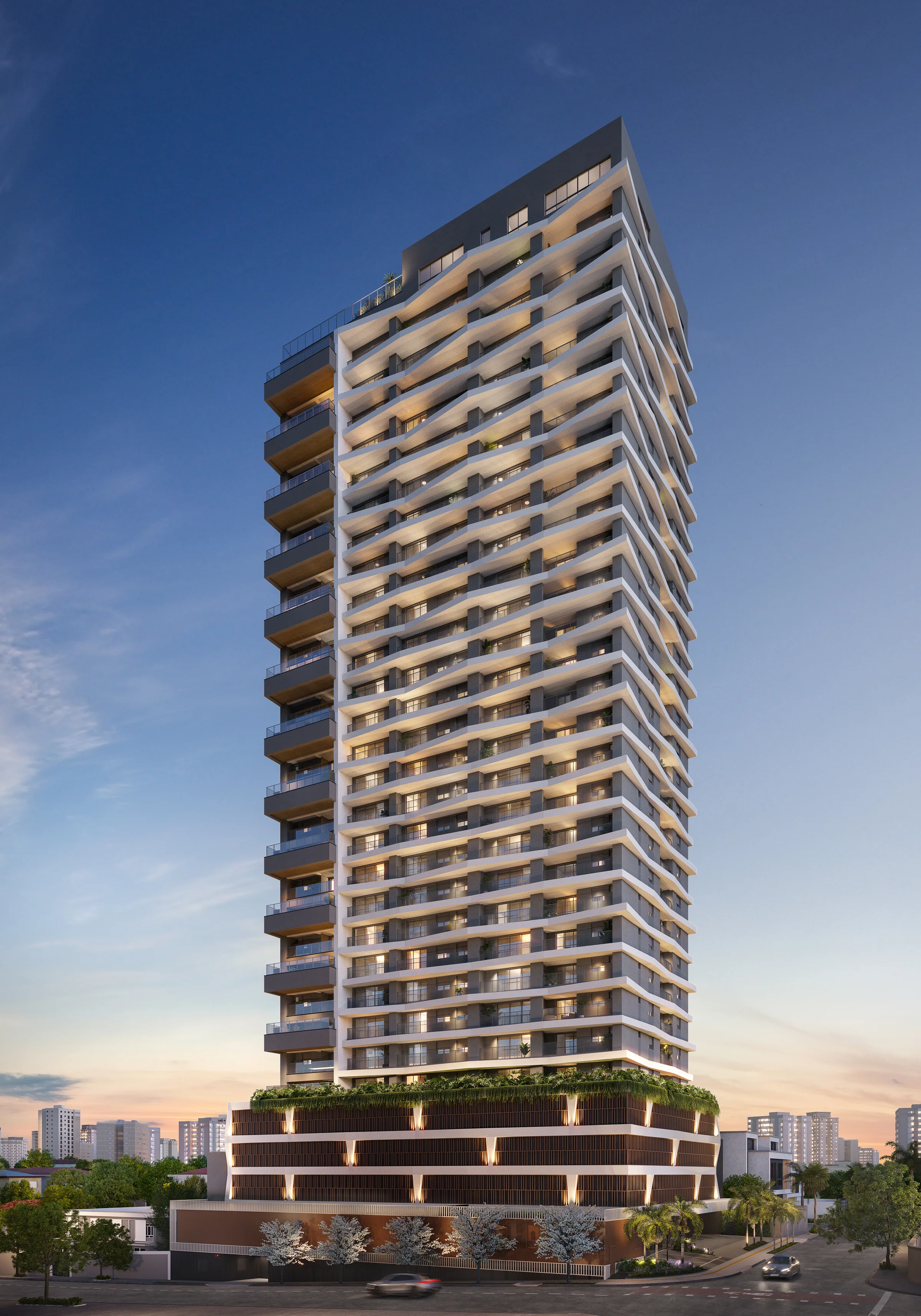 Fachada frontal completa do edifício com embasamento ripado e torre residencial