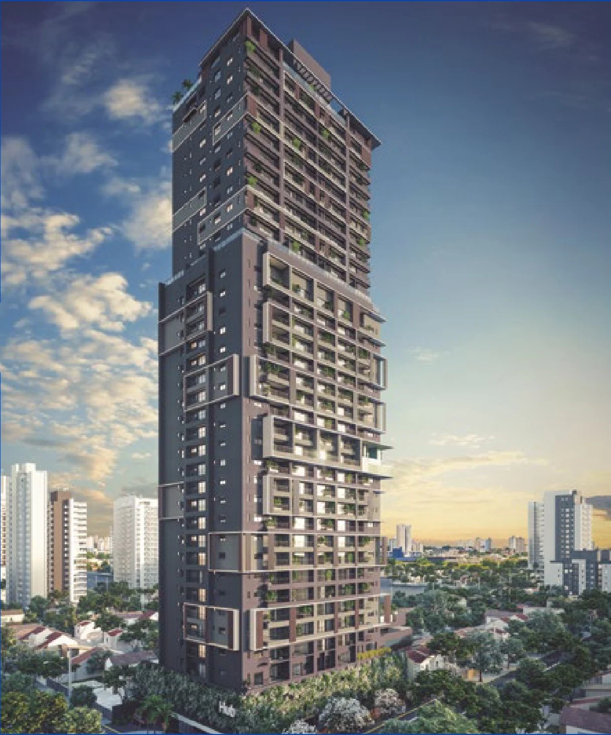 Perspectiva 3D da fachada completa do edifício residencial com arquitetura contemporânea