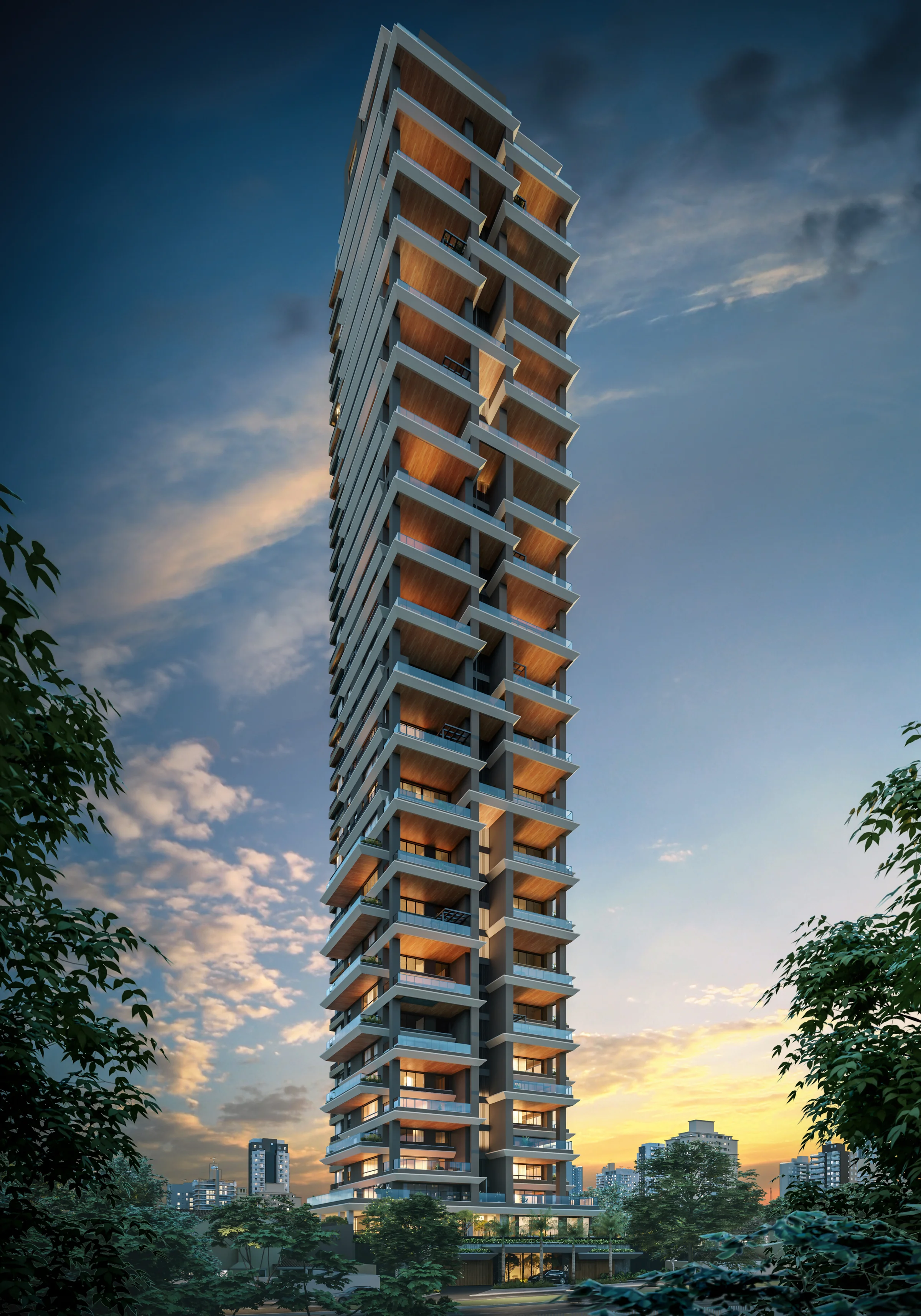 Fachada do edifício residencial em ângulo ascendente destacando as varandas e iluminação no entardecer