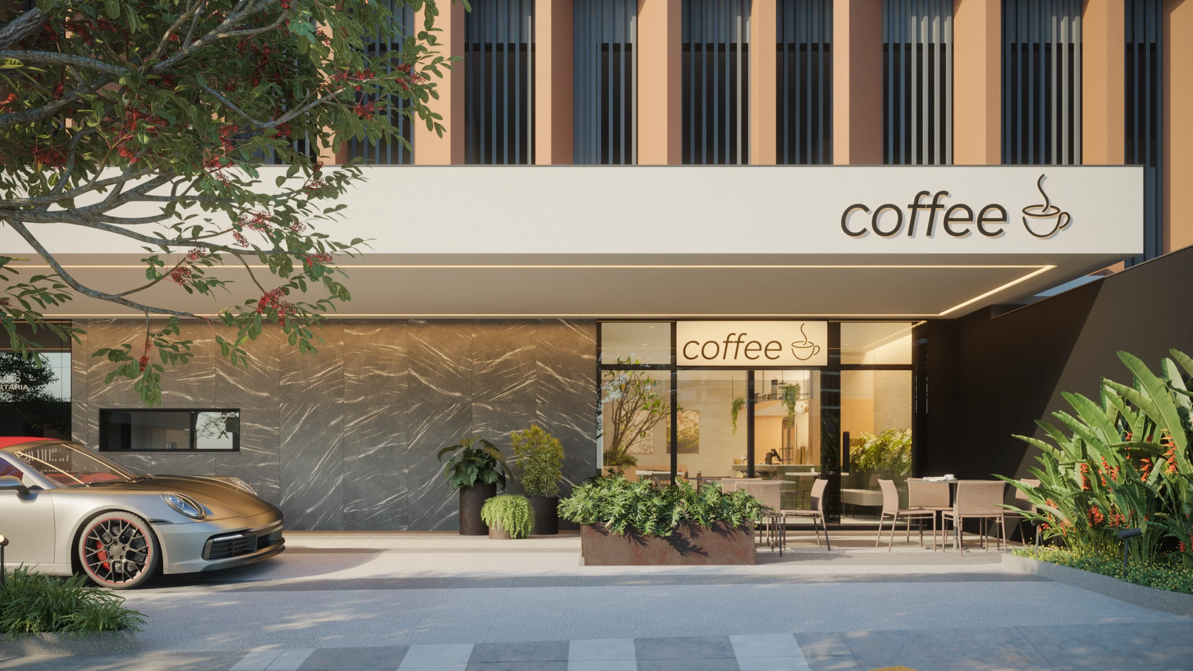 Fachada térrea com café aberto e mesas na calçada