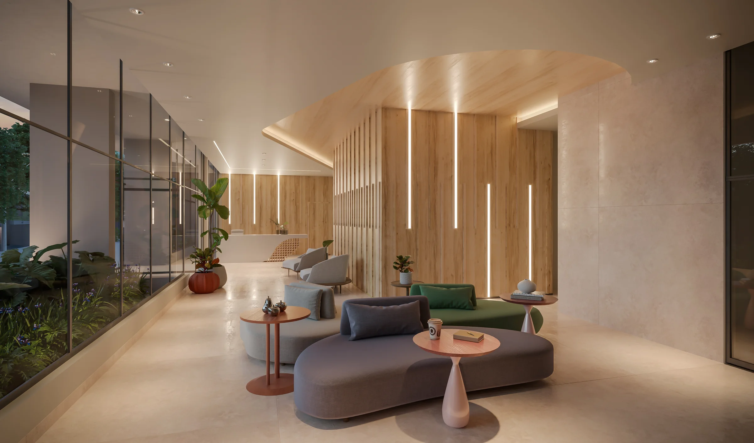 Perspectiva do lobby com área de estar