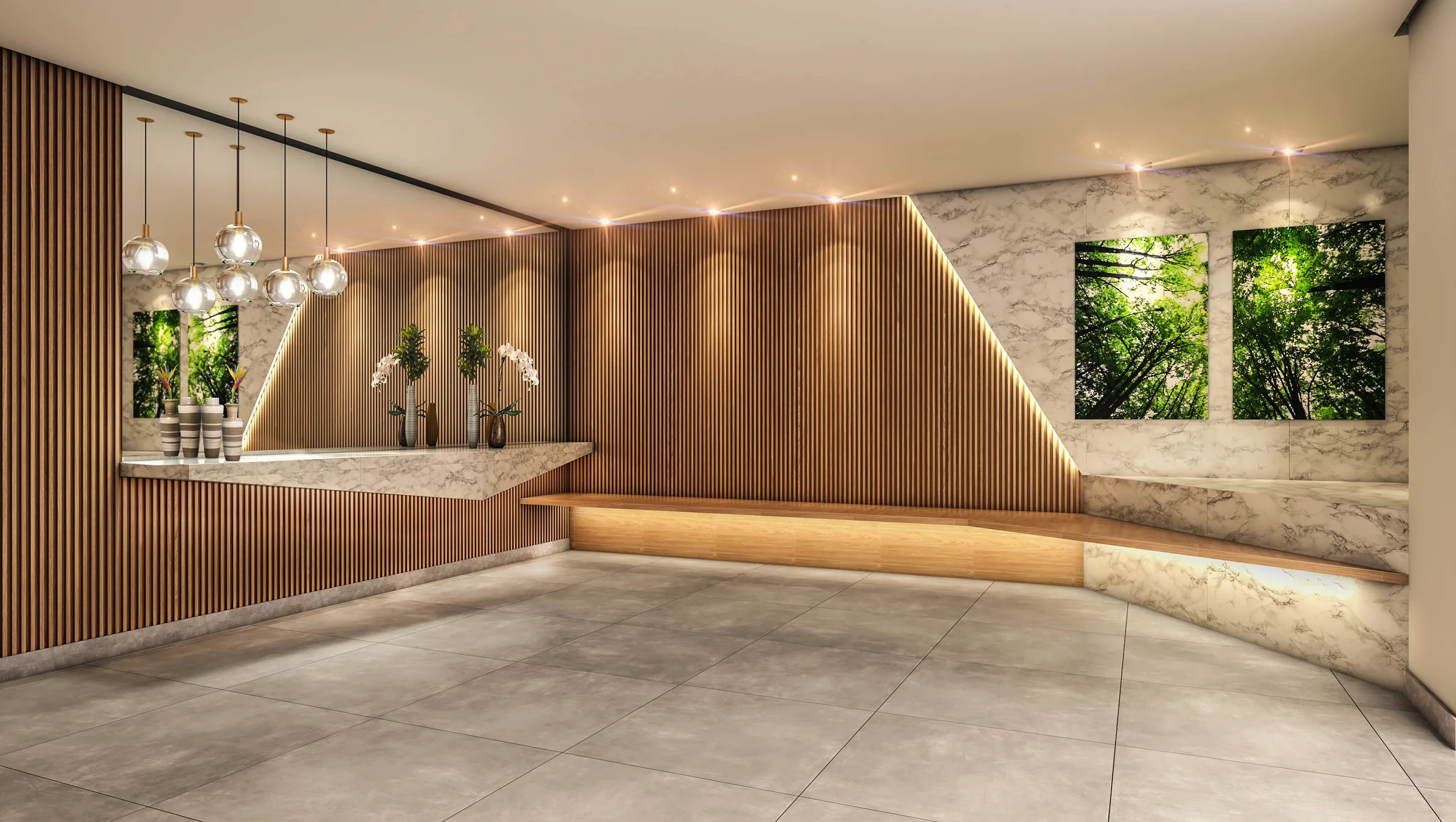 Perspectiva do lobby com balcão de atendimento