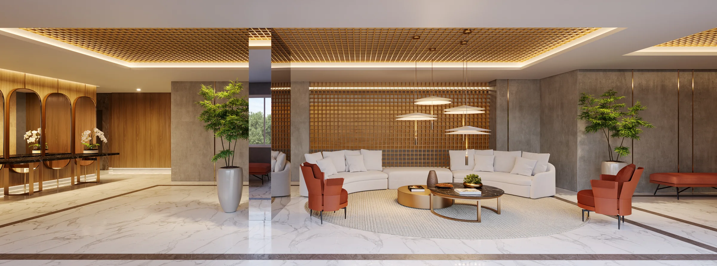 Lobby de entrada com piso em mármore, painel de madeira vazada, sofás curvos e poltronas