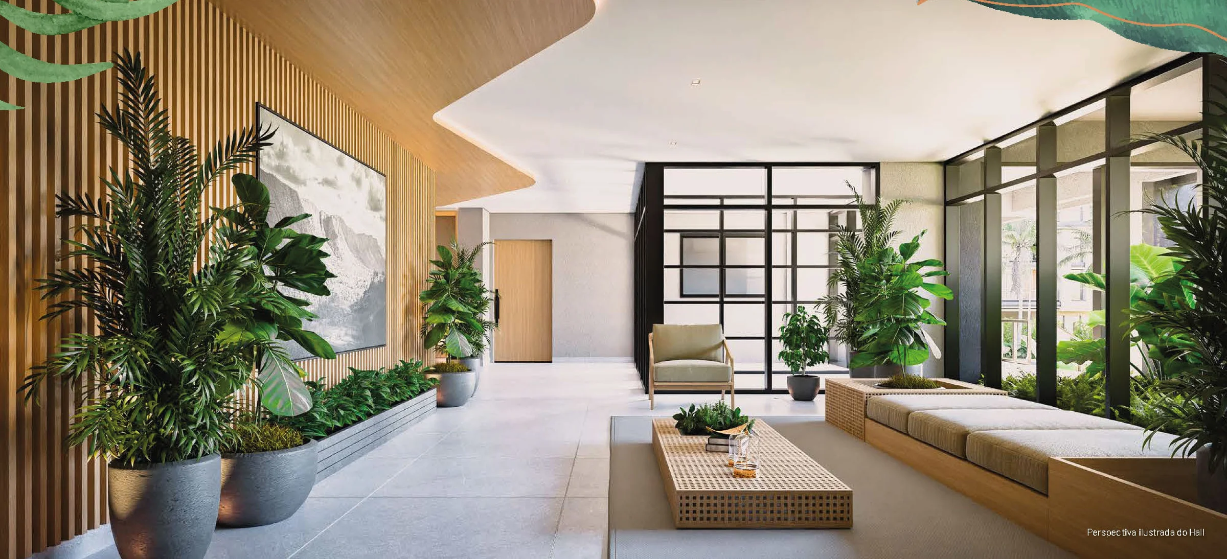 Hall social de entrada com painel ripado em madeira, bancos estofados e vasos de plantas