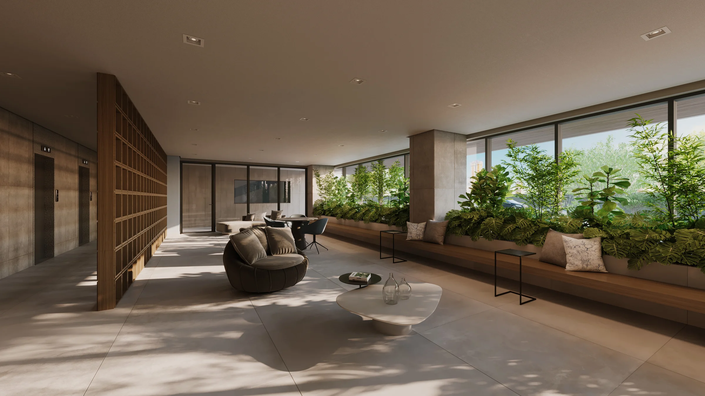 Lobby de entrada com painel ripado em madeira, poltronas de espera e jardineiras internas