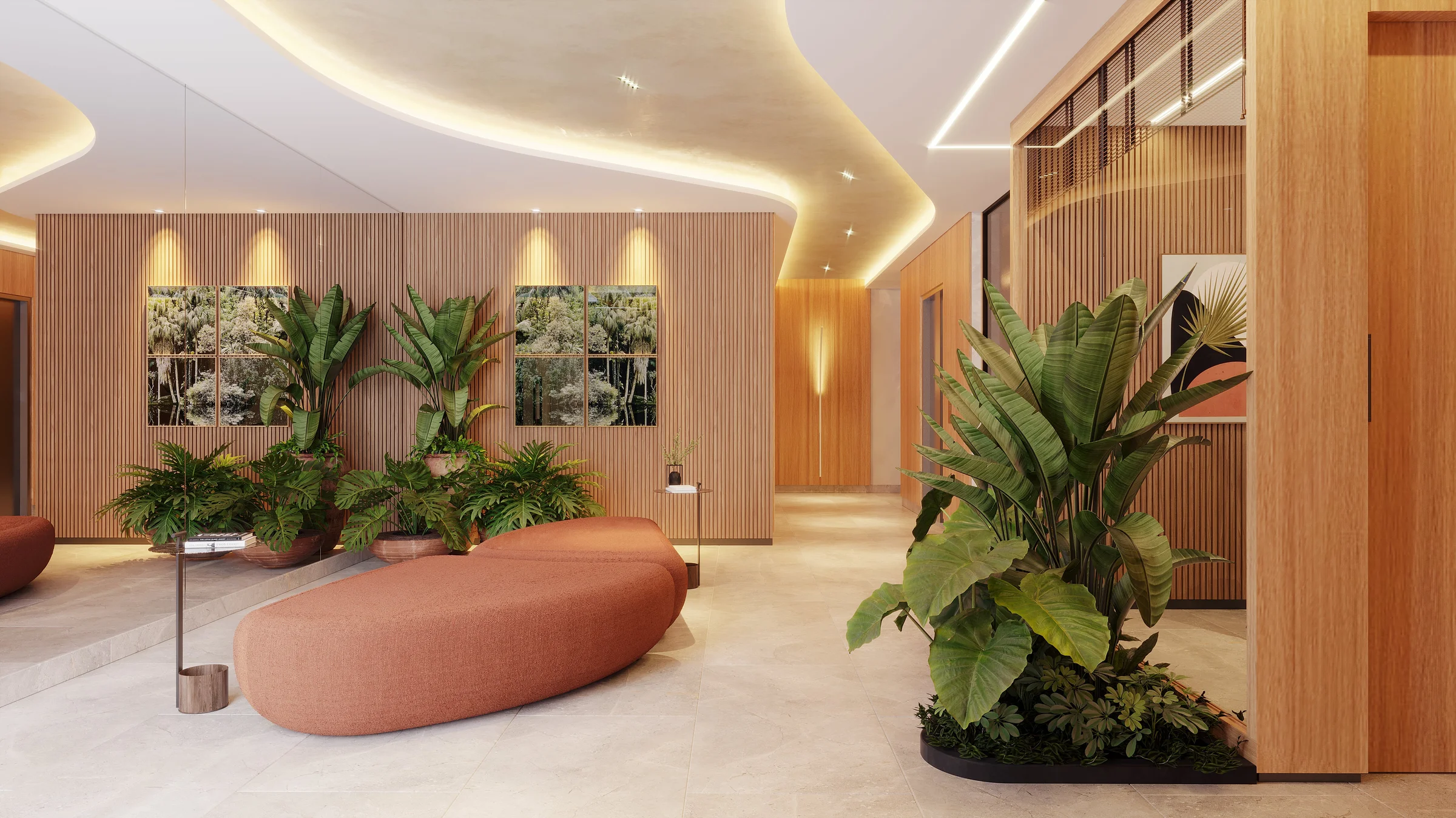 Perspectiva do lobby com área de estar e jardim interno