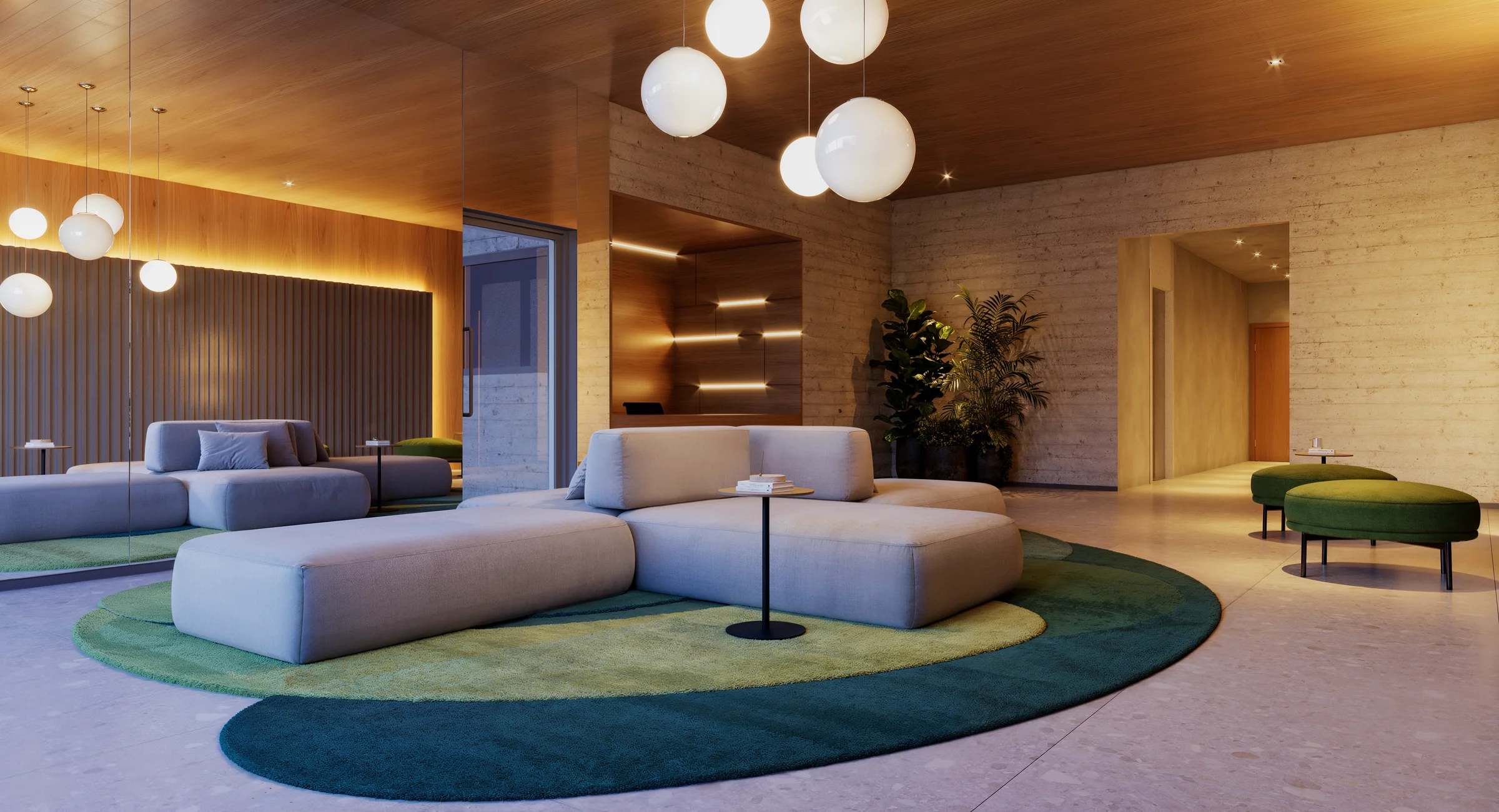 Perspectiva do lobby com área de estar