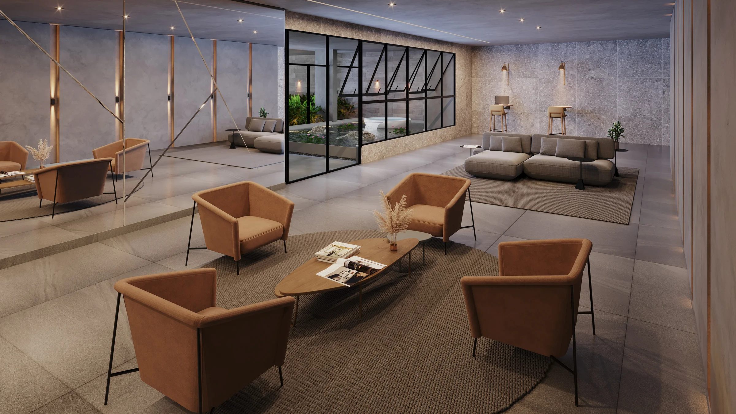 Lobby de entrada com poltronas estofadas, espelho e jardim de inverno