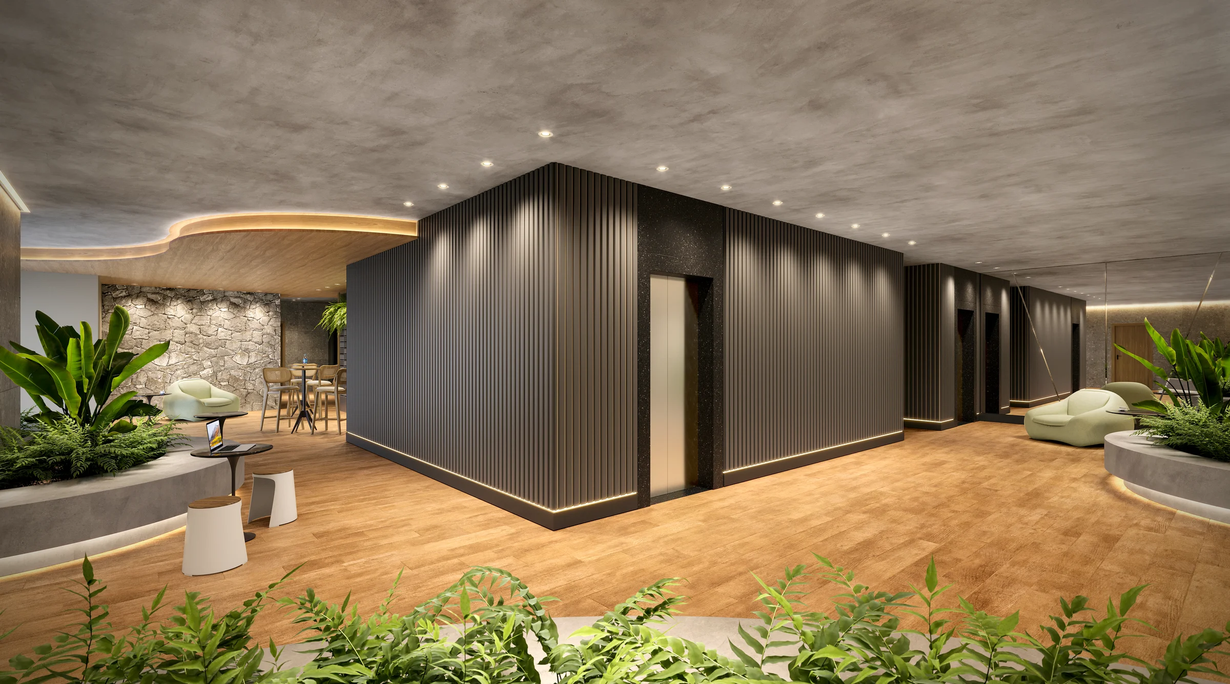 Perspectiva do lobby com jardim interno